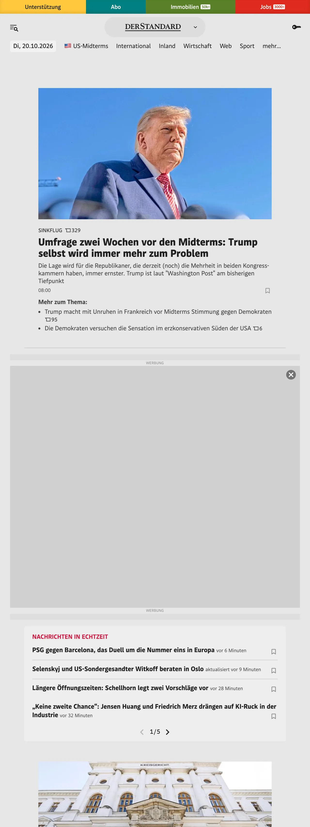 Screenshot of the DER STANDARD front page