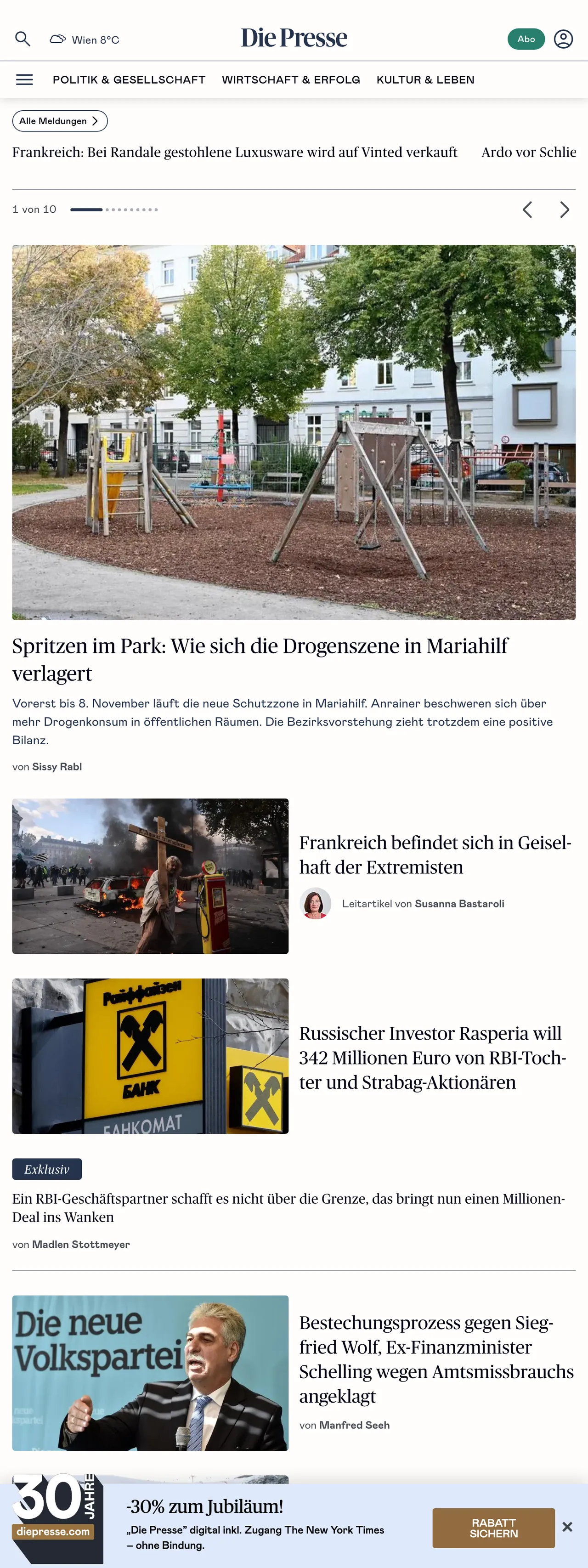 Screenshot of the Die Presse front page