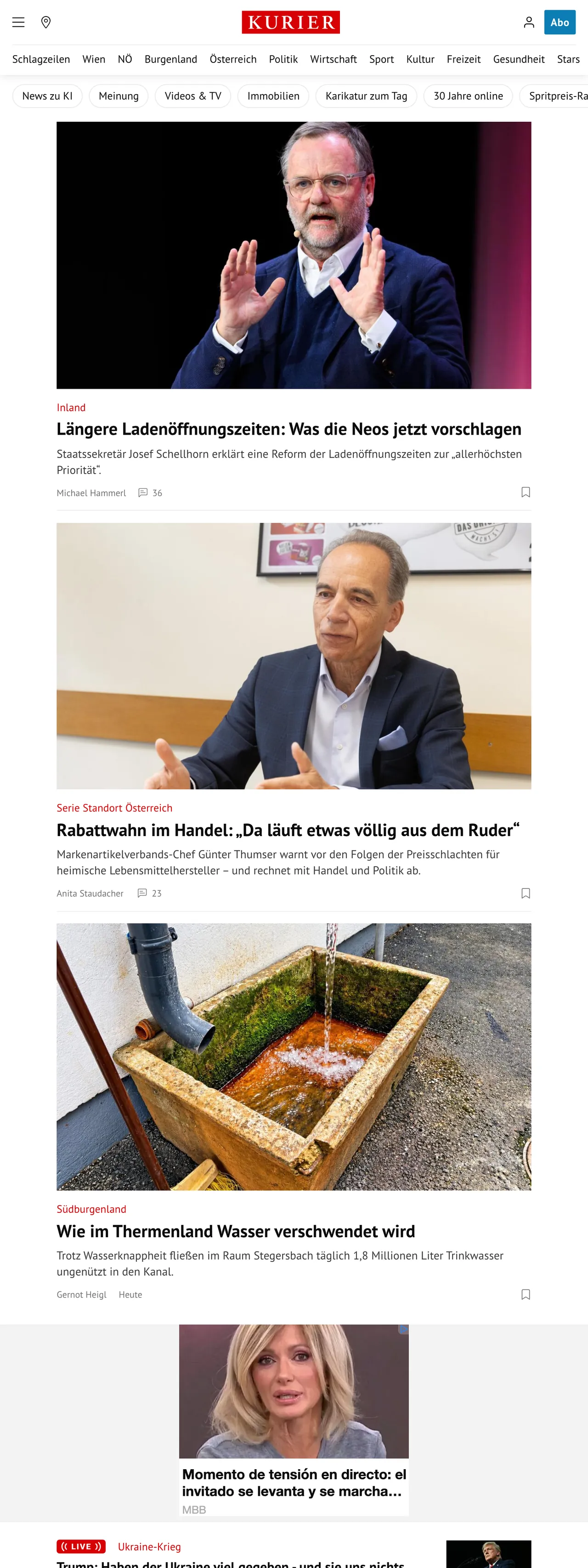 Screenshot of the Kurier front page