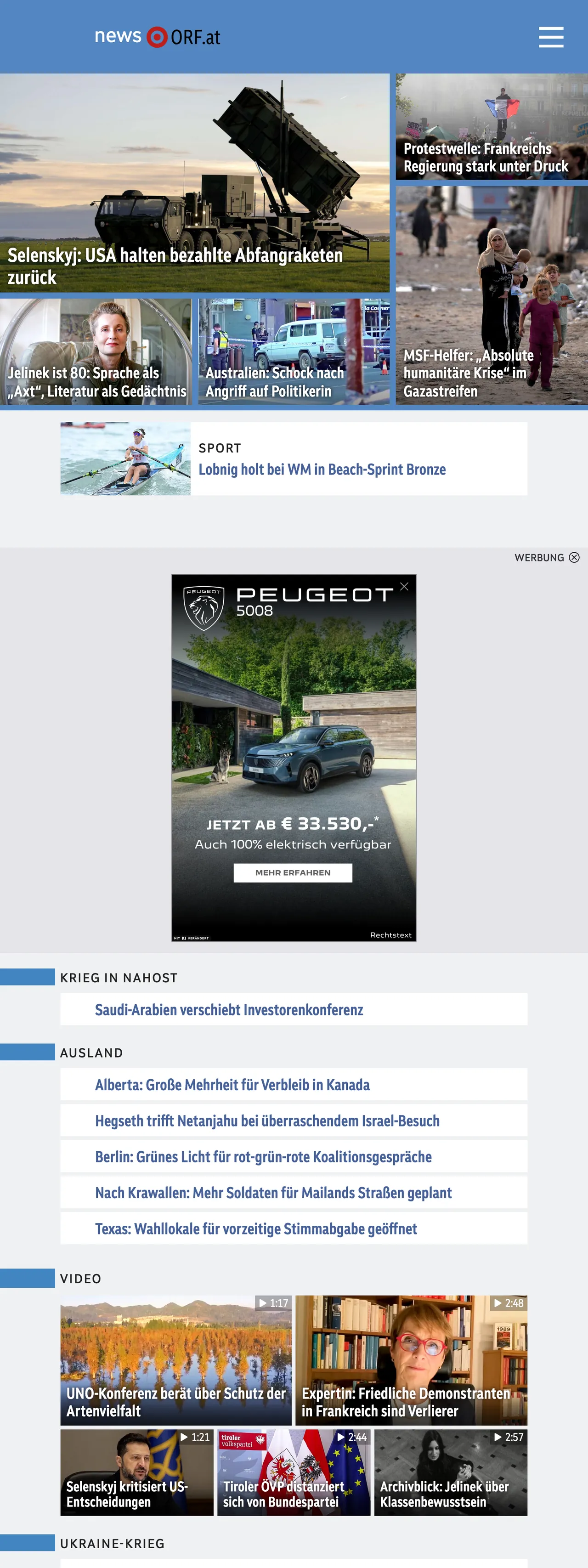 Screenshot of the ORF front page