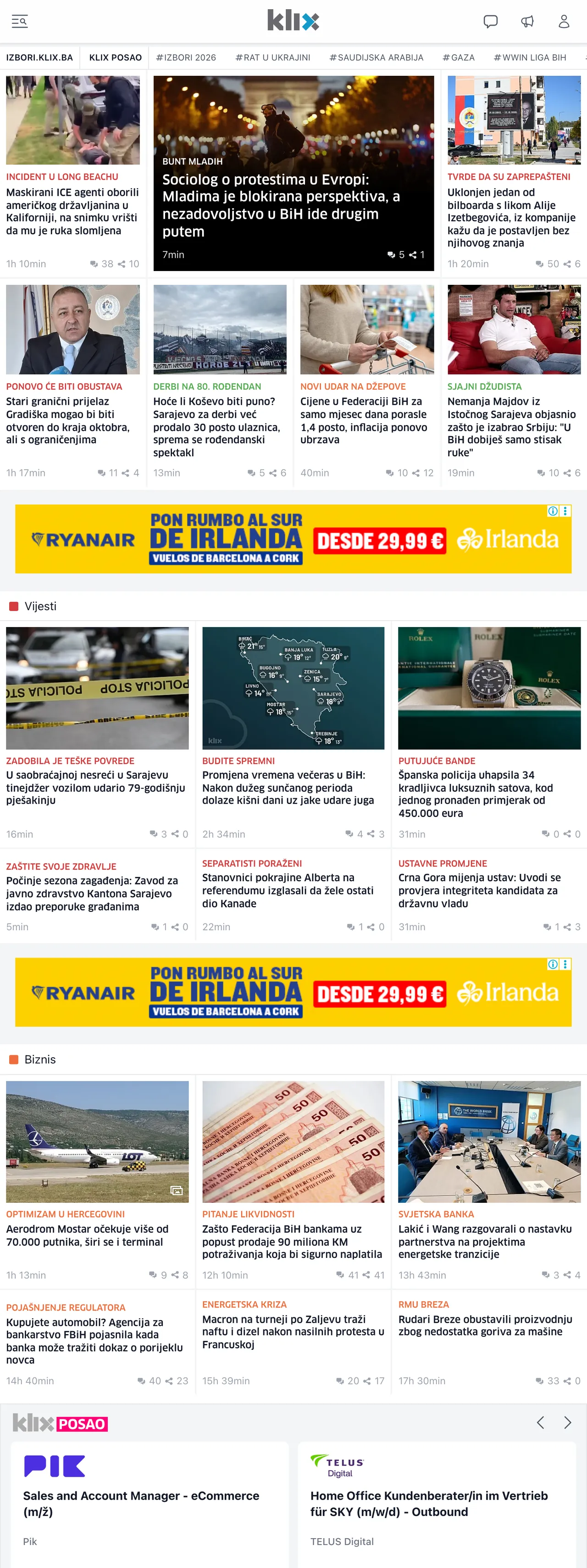 Screenshot of the Klix.ba front page