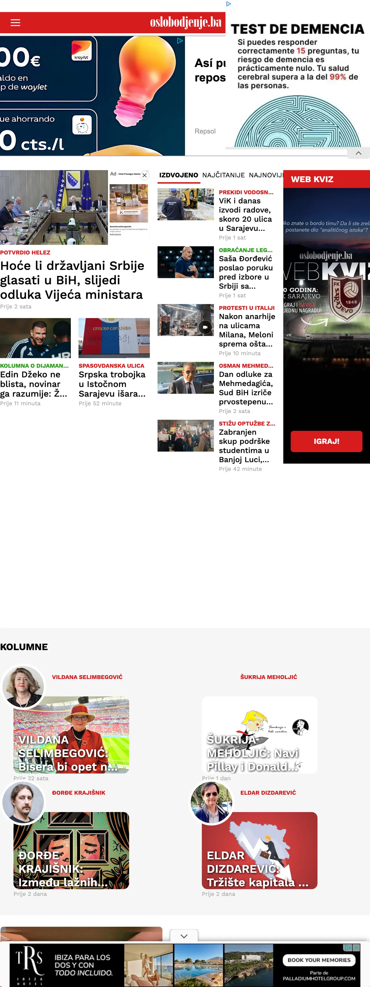 Screenshot of the Oslobođenje front page