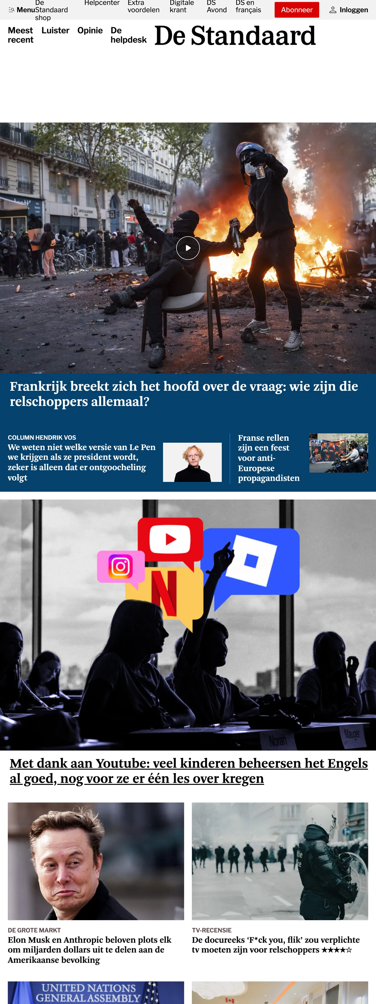Screenshot of the De Standaard front page