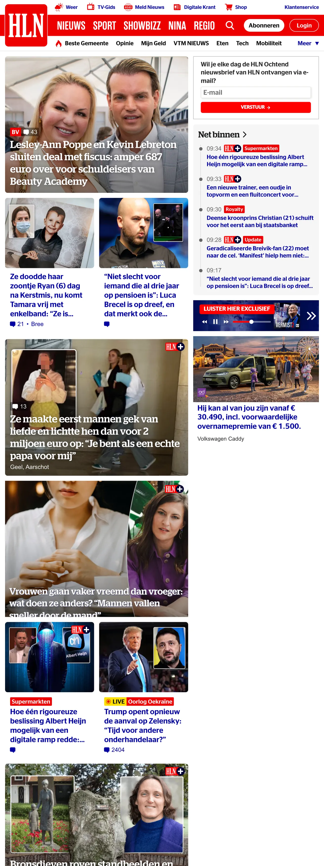 Screenshot of the HLN front page