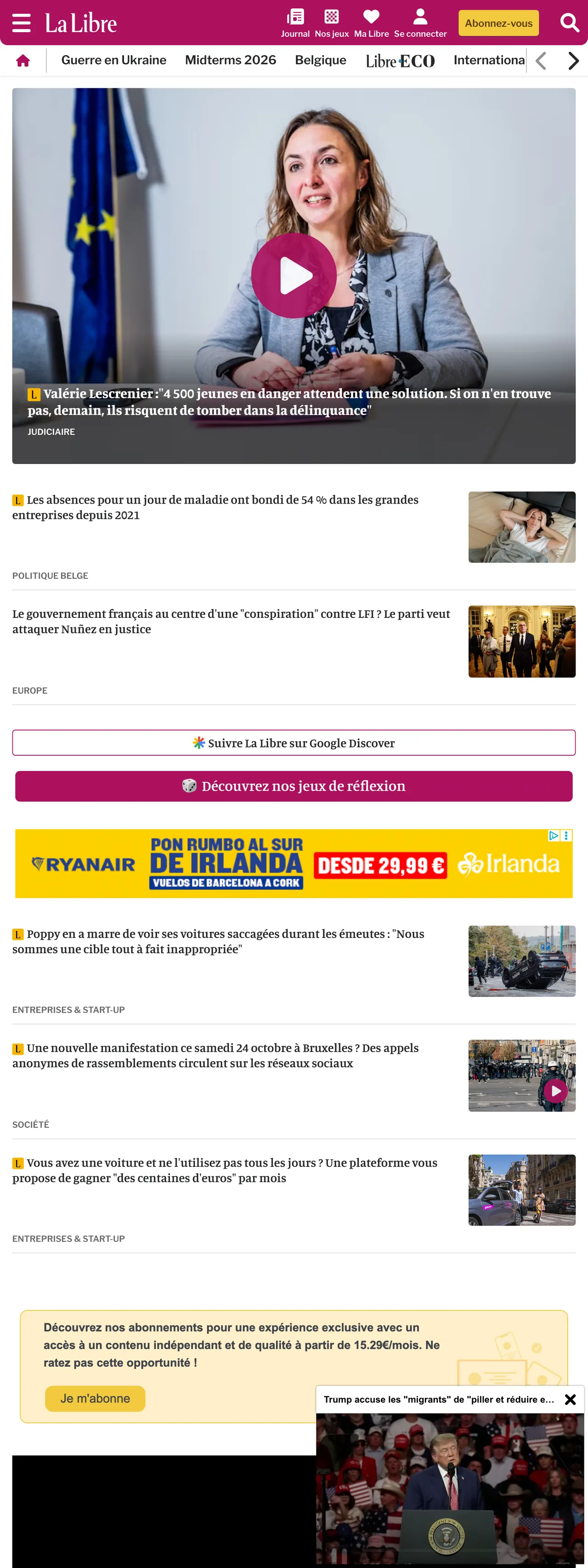 Screenshot of the La Libre front page