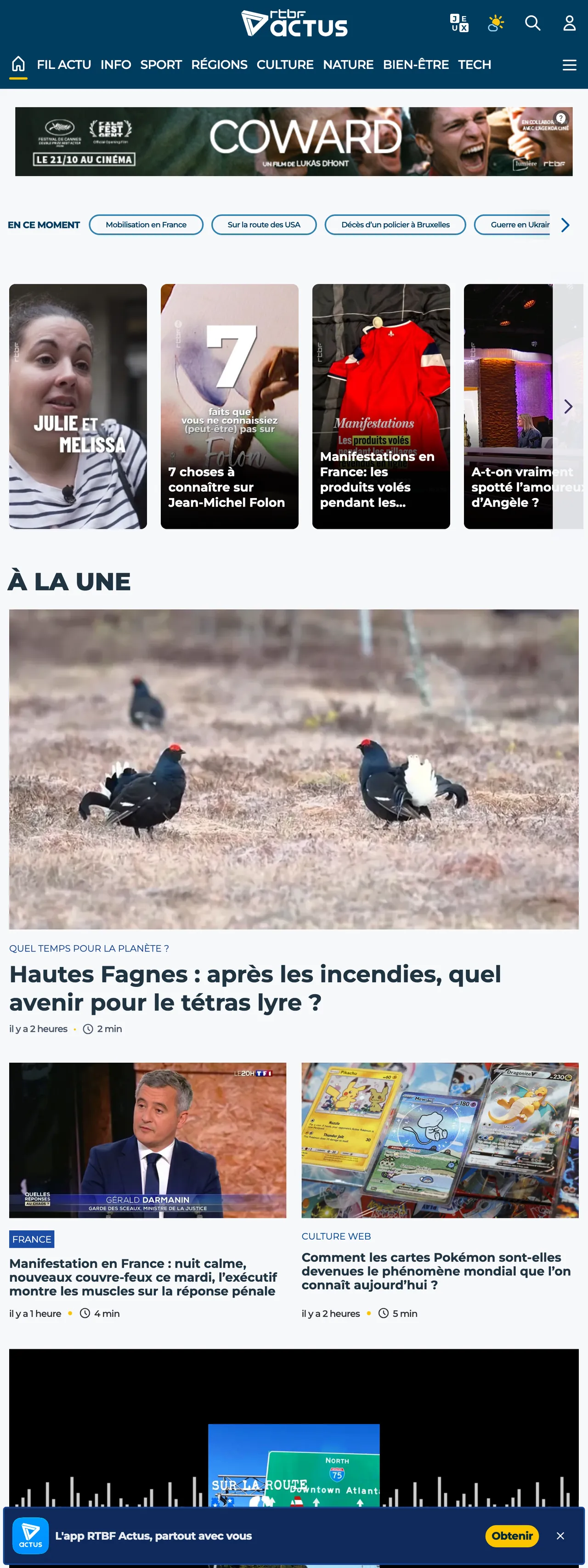 Screenshot of the RTBF front page