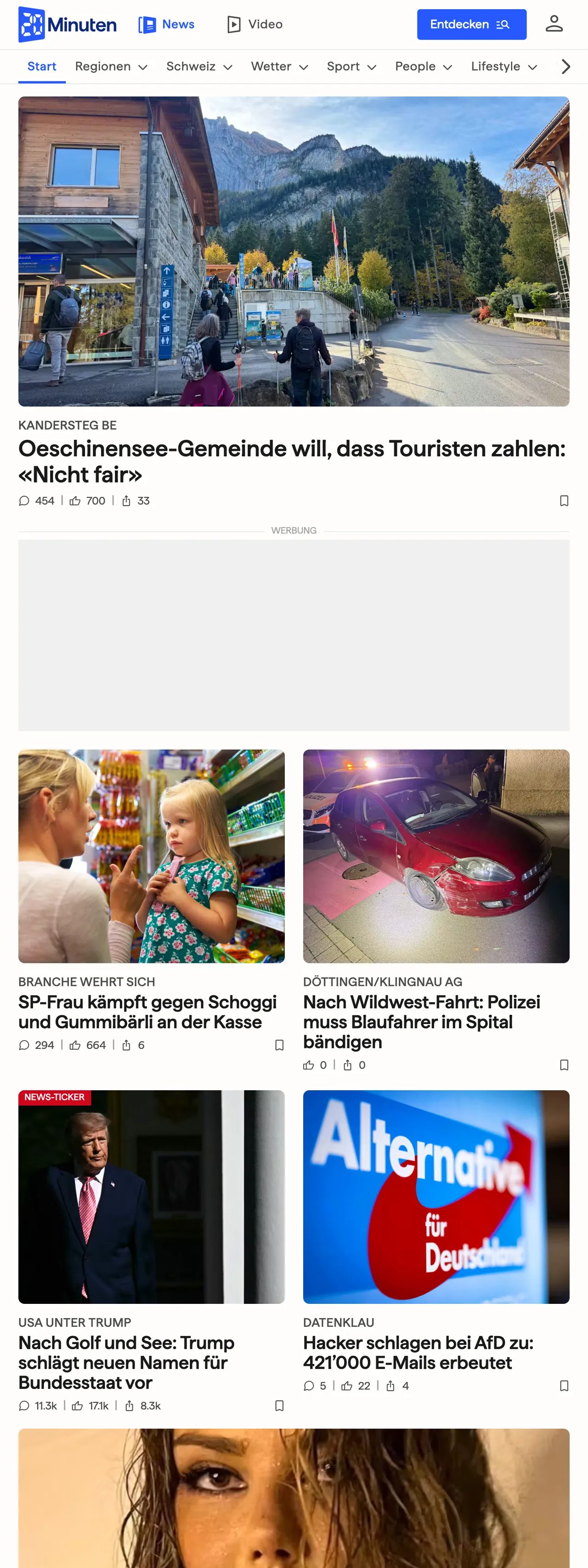 Screenshot of the 20 Minuten front page