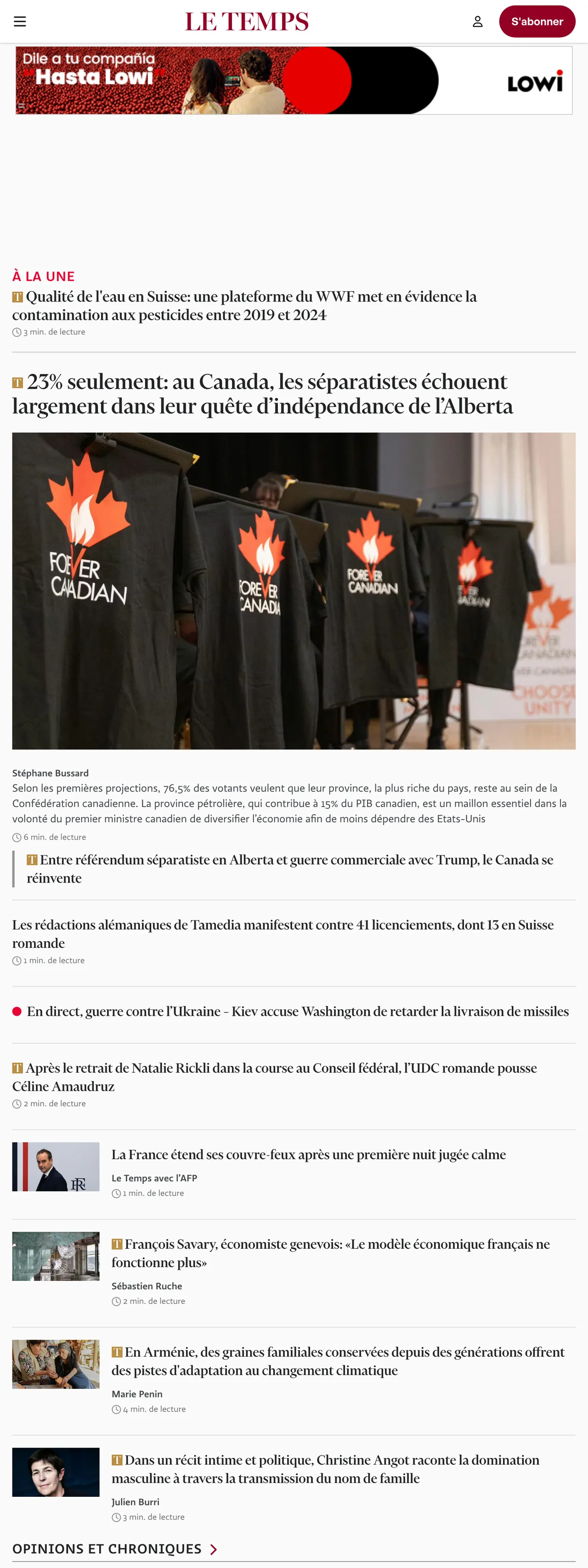 Screenshot of the Le Temps front page