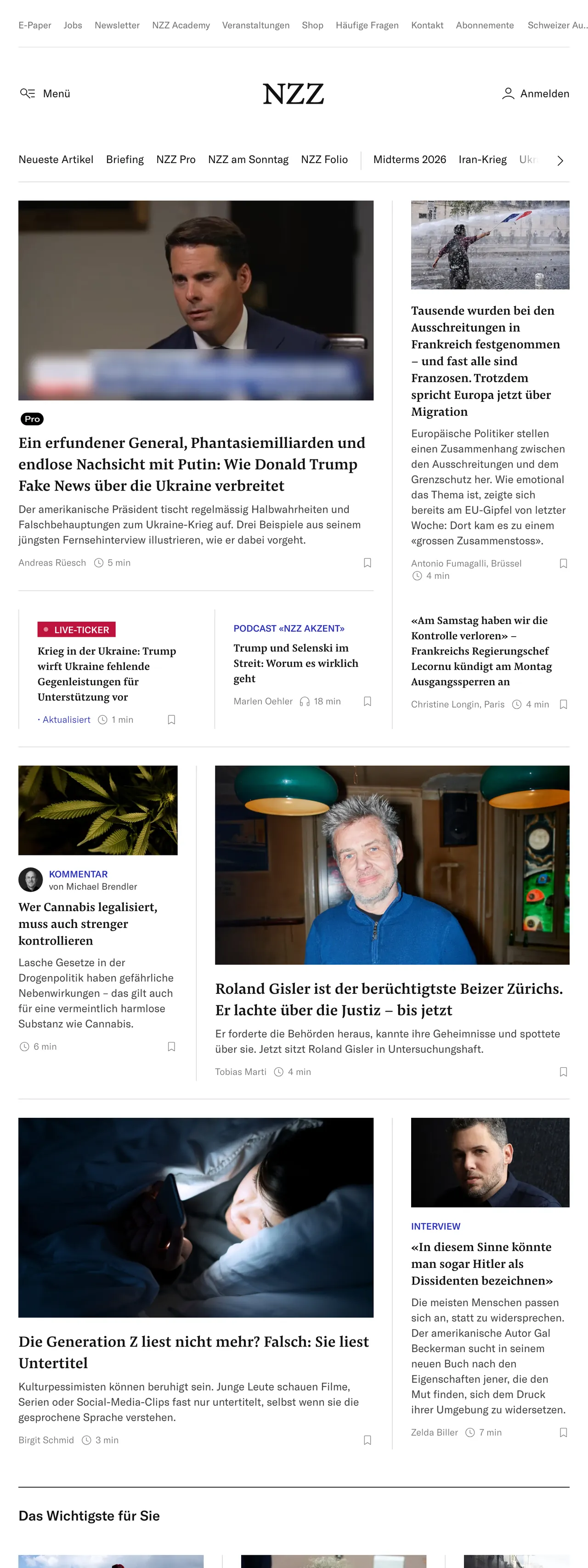 Screenshot of the Neue Zürcher Zeitung front page