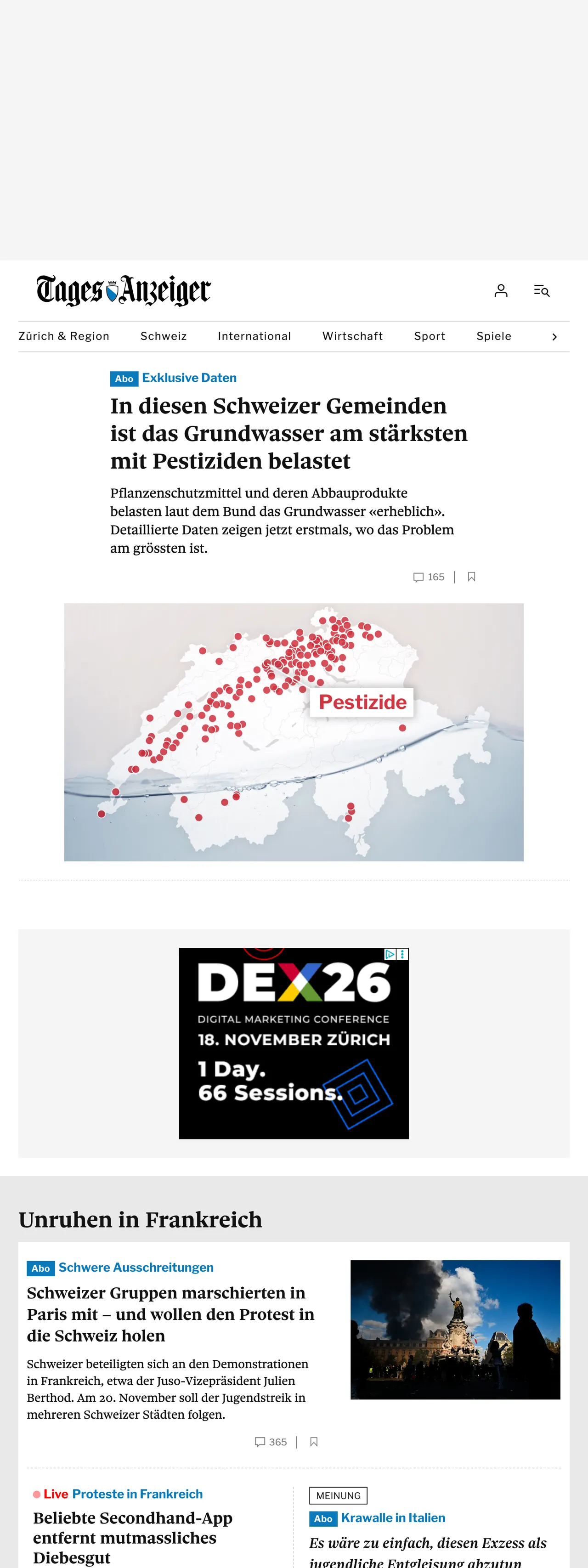 Screenshot of the Tages-Anzeiger front page