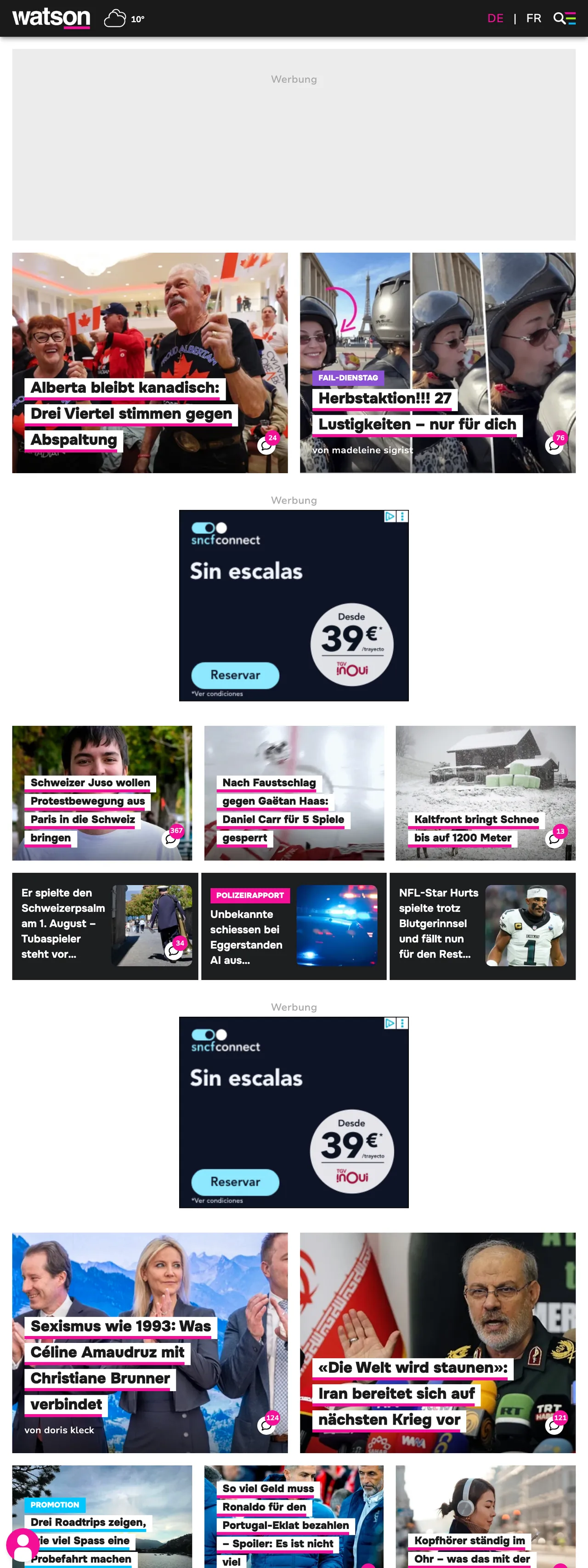 Screenshot of the watson front page