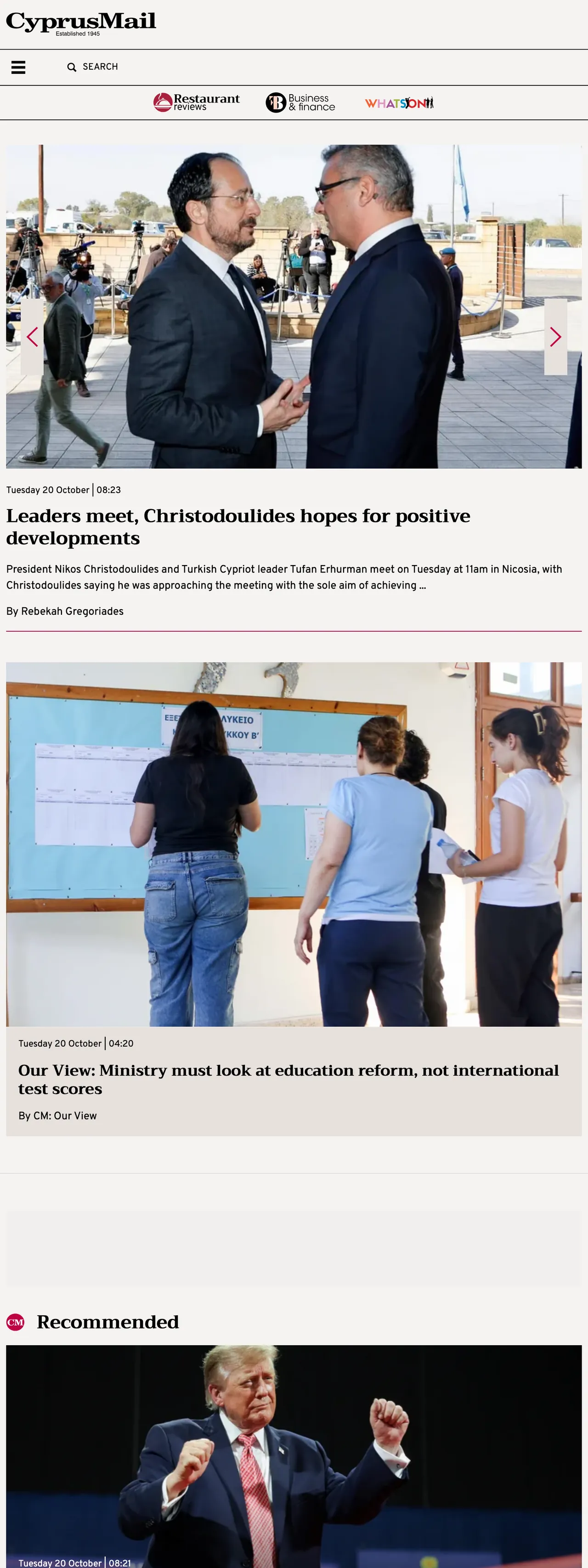 Screenshot of the Cyprus Mail front page