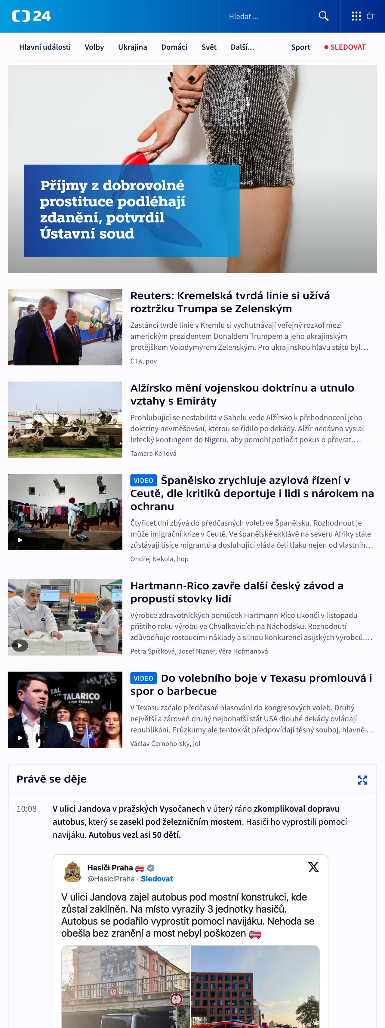 Screenshot of the ČT24 front page