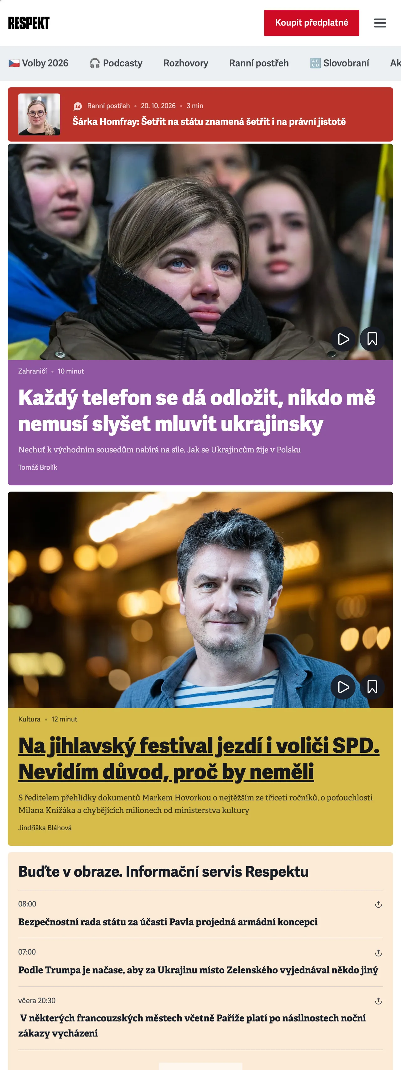 Screenshot of the Respekt front page