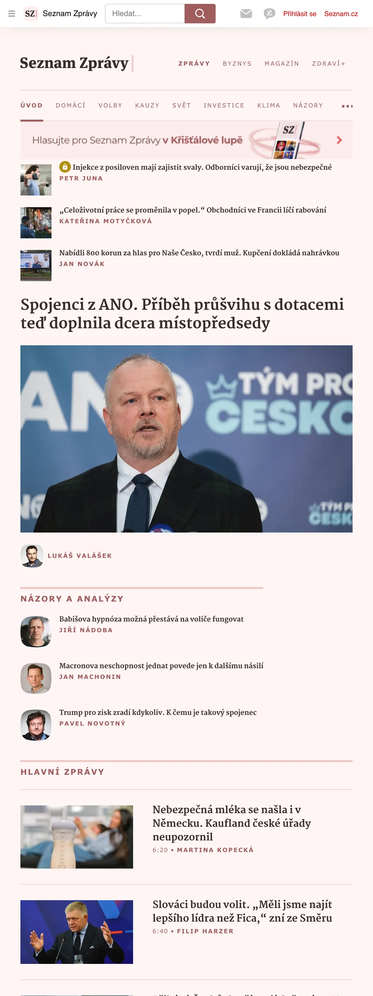 Screenshot of the Seznam Zprávy front page