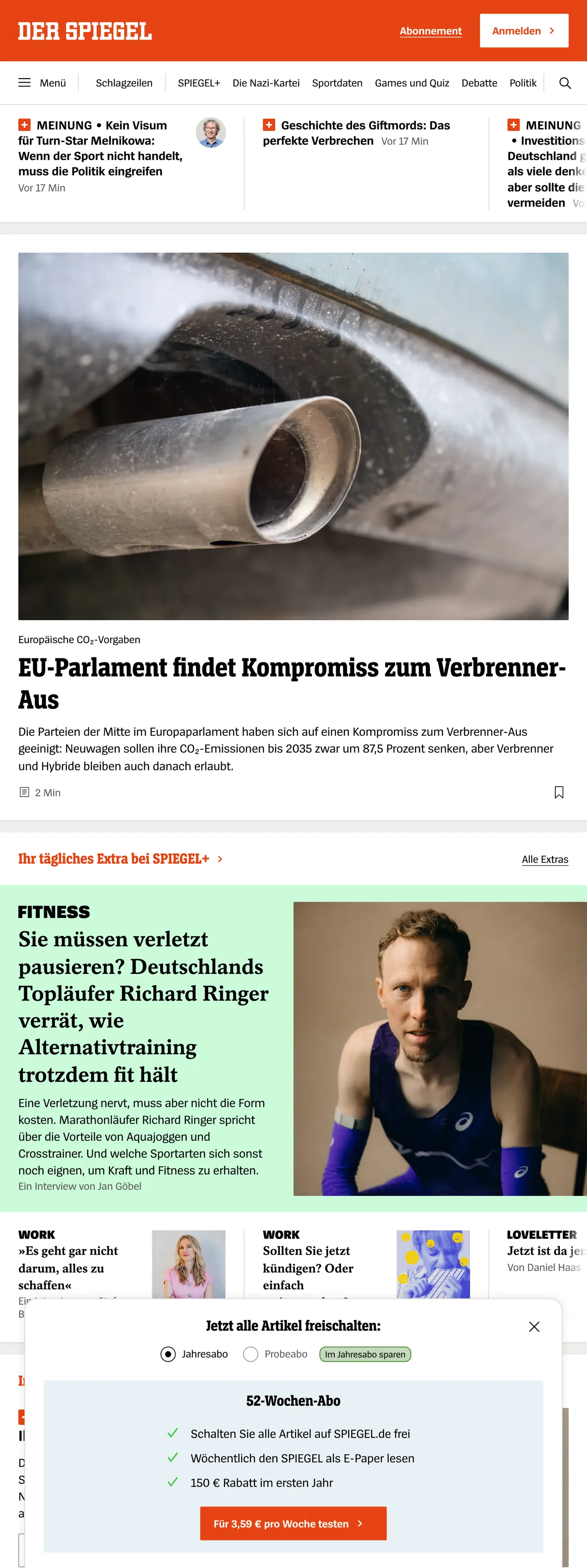 Screenshot of the DER SPIEGEL front page