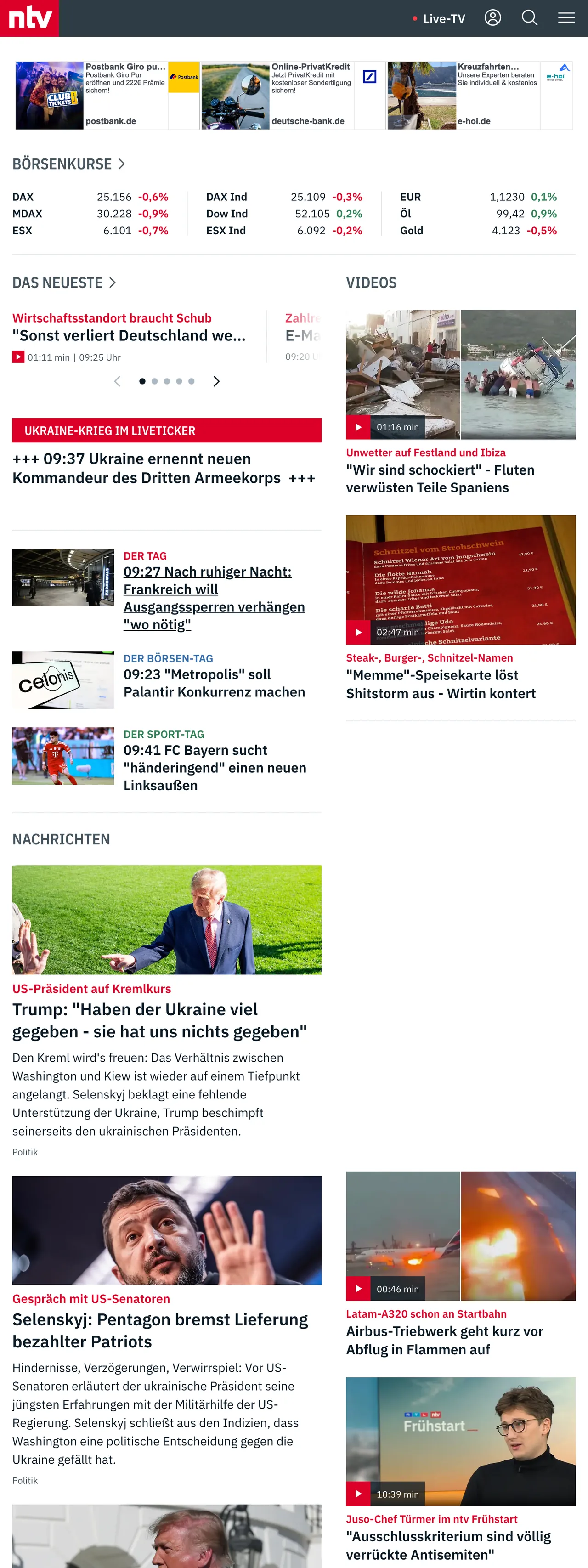 Screenshot of the n-tv front page