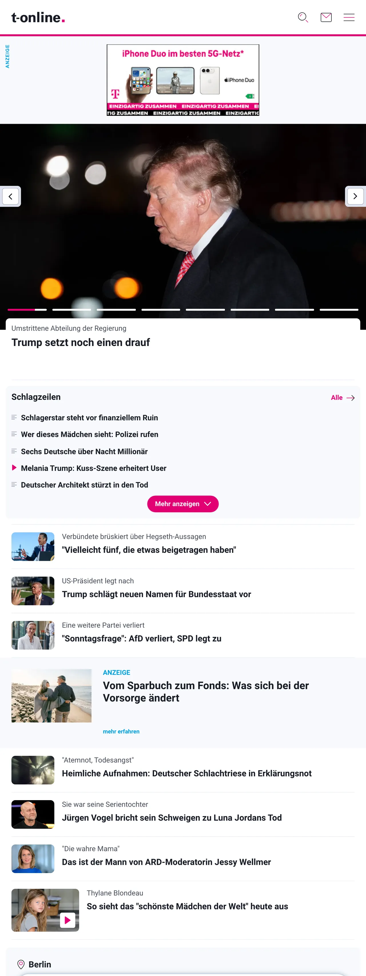 Screenshot of the t-online front page