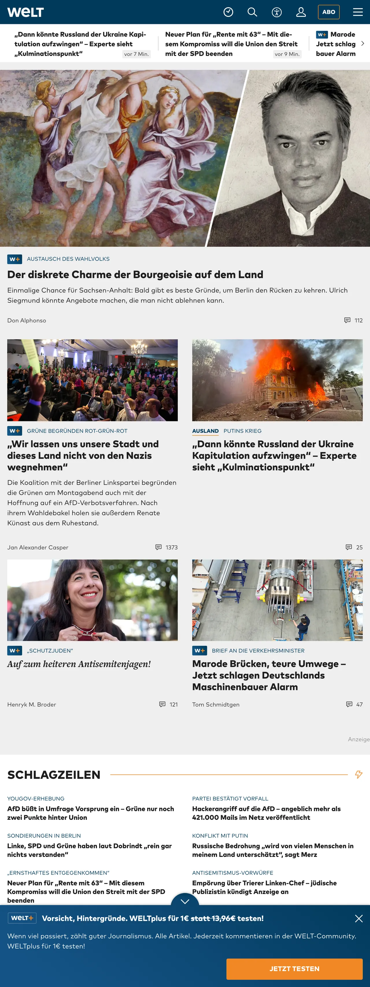 Screenshot of the WELT front page