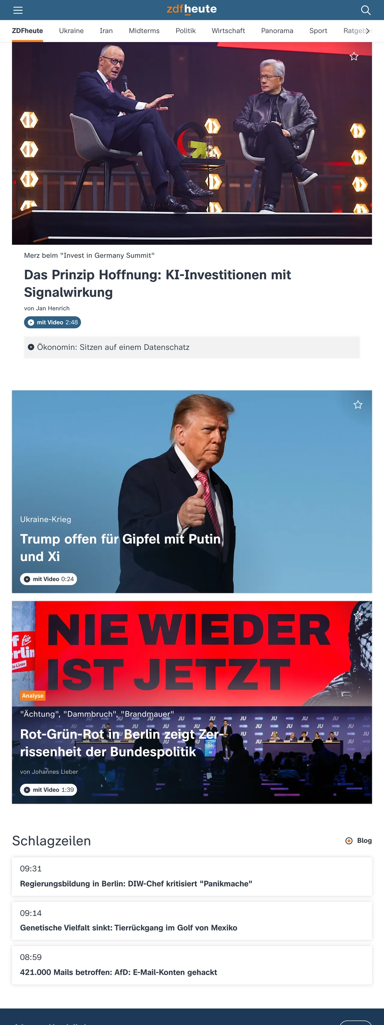 Screenshot of the ZDFheute front page