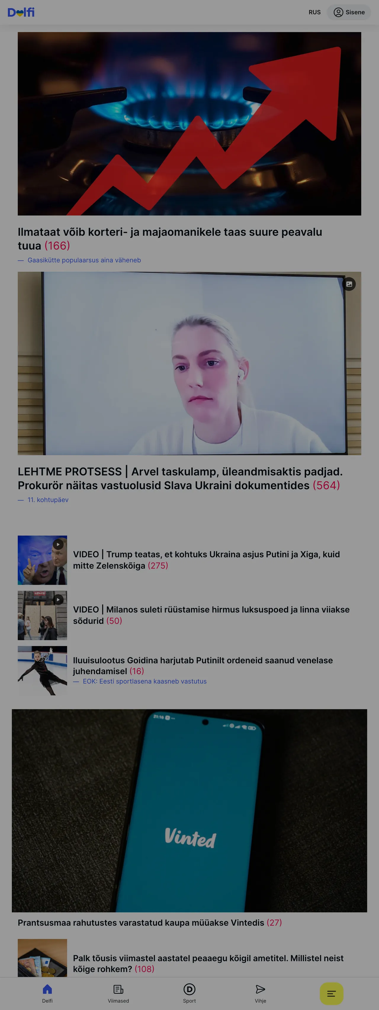 Screenshot of the Delfi front page