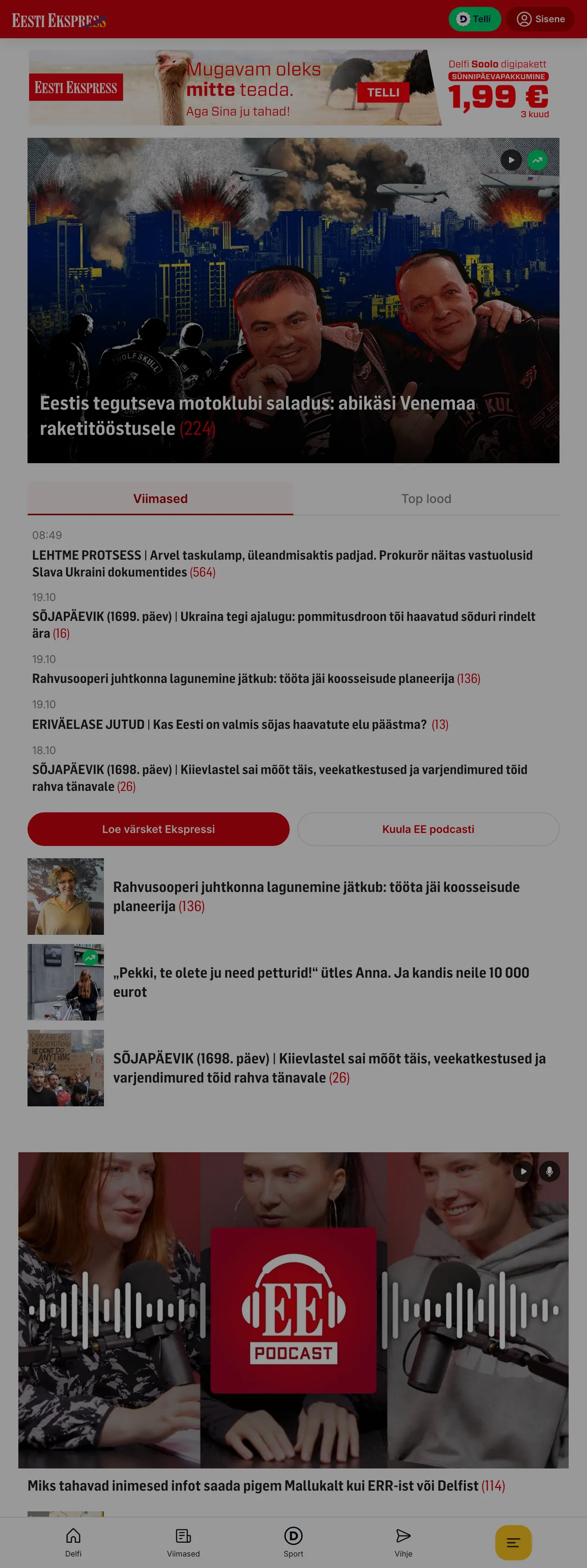 Screenshot of the Eesti Ekspress front page