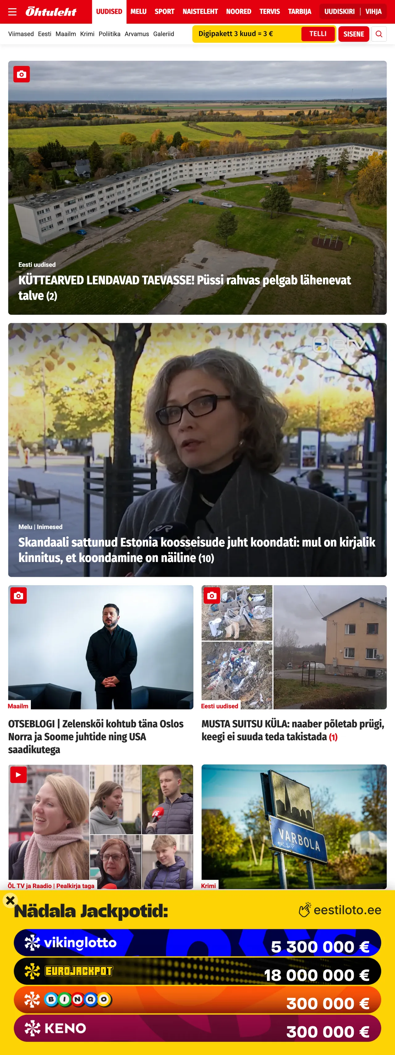 Screenshot of the Õhtuleht front page