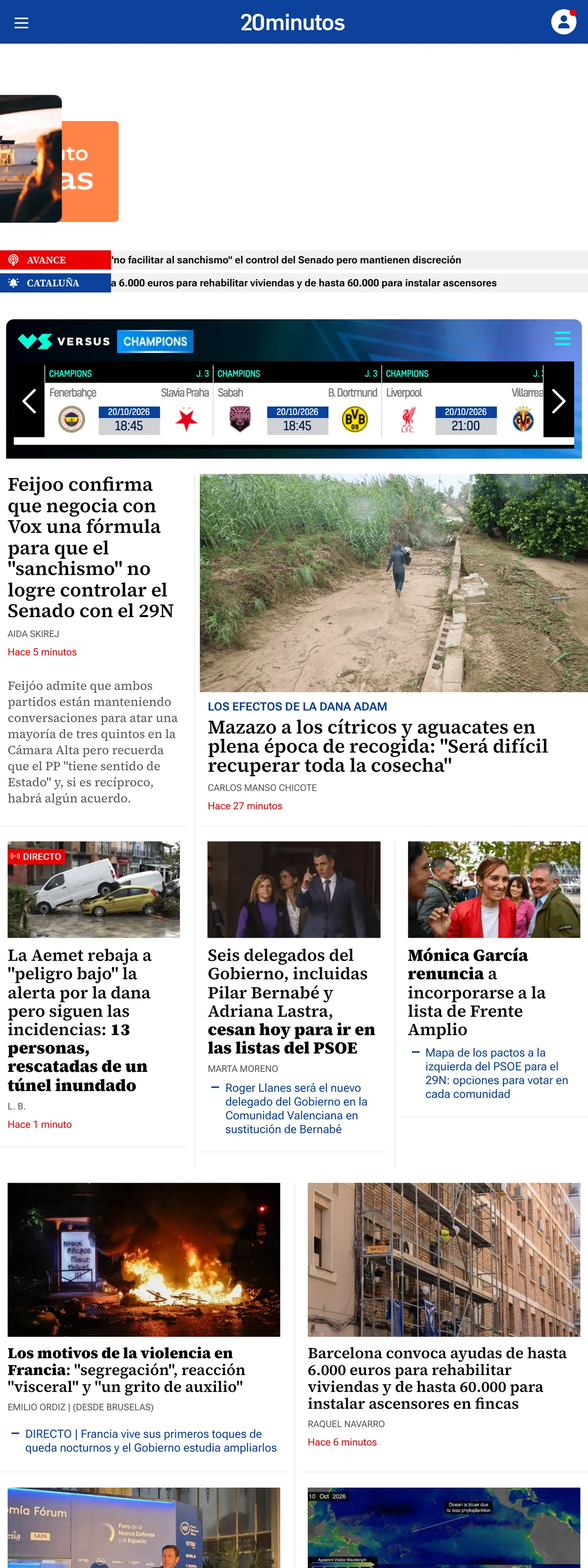 Screenshot of the 20minutos front page