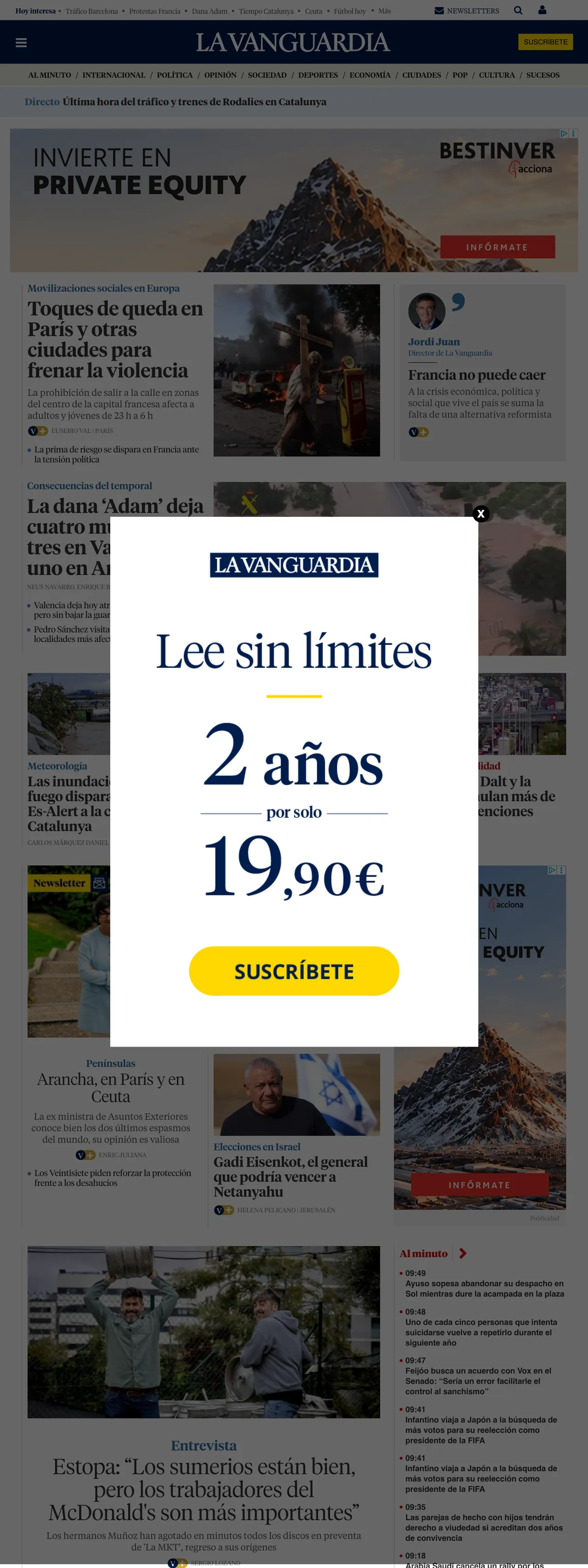 Screenshot of the La Vanguardia front page