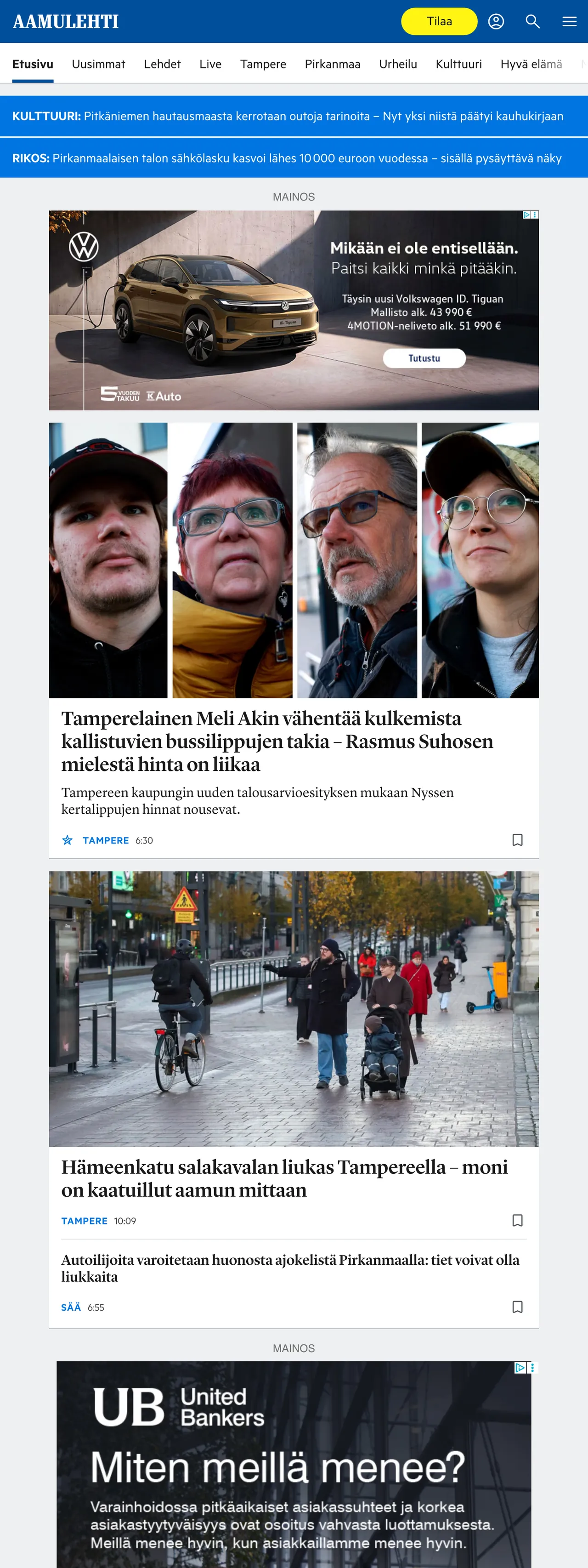 Screenshot of the Aamulehti front page