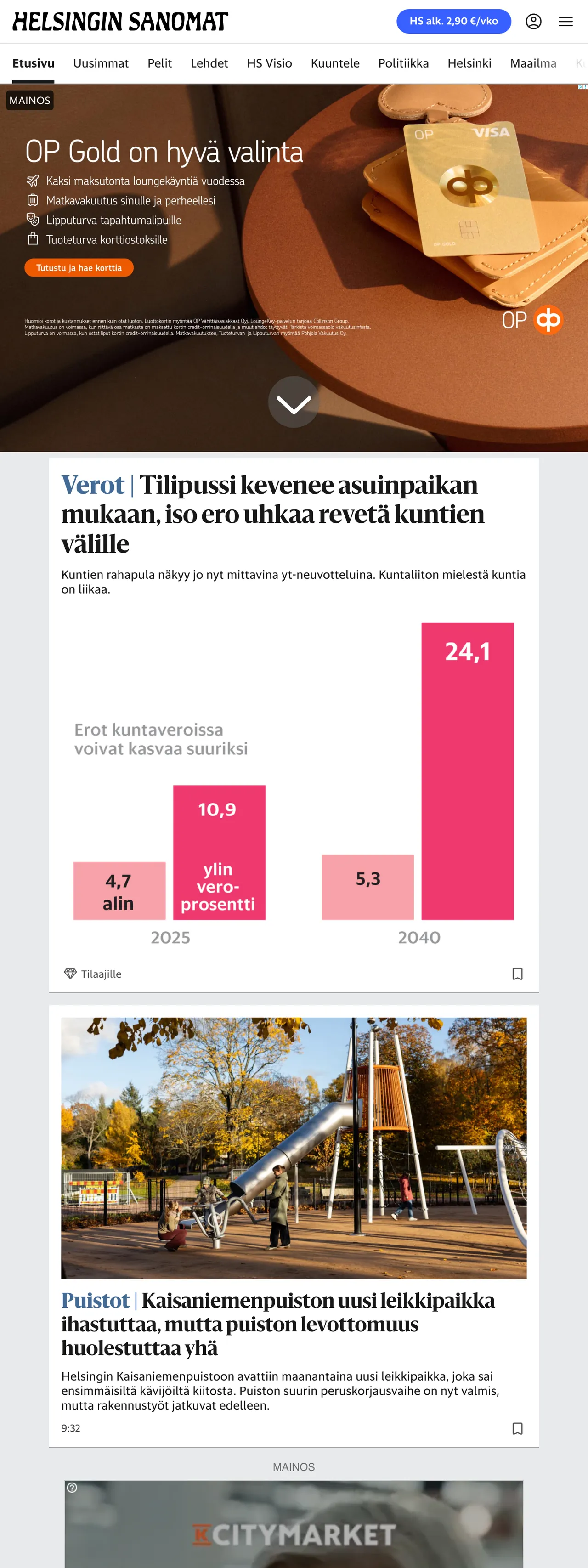 Screenshot of the Helsingin Sanomat front page