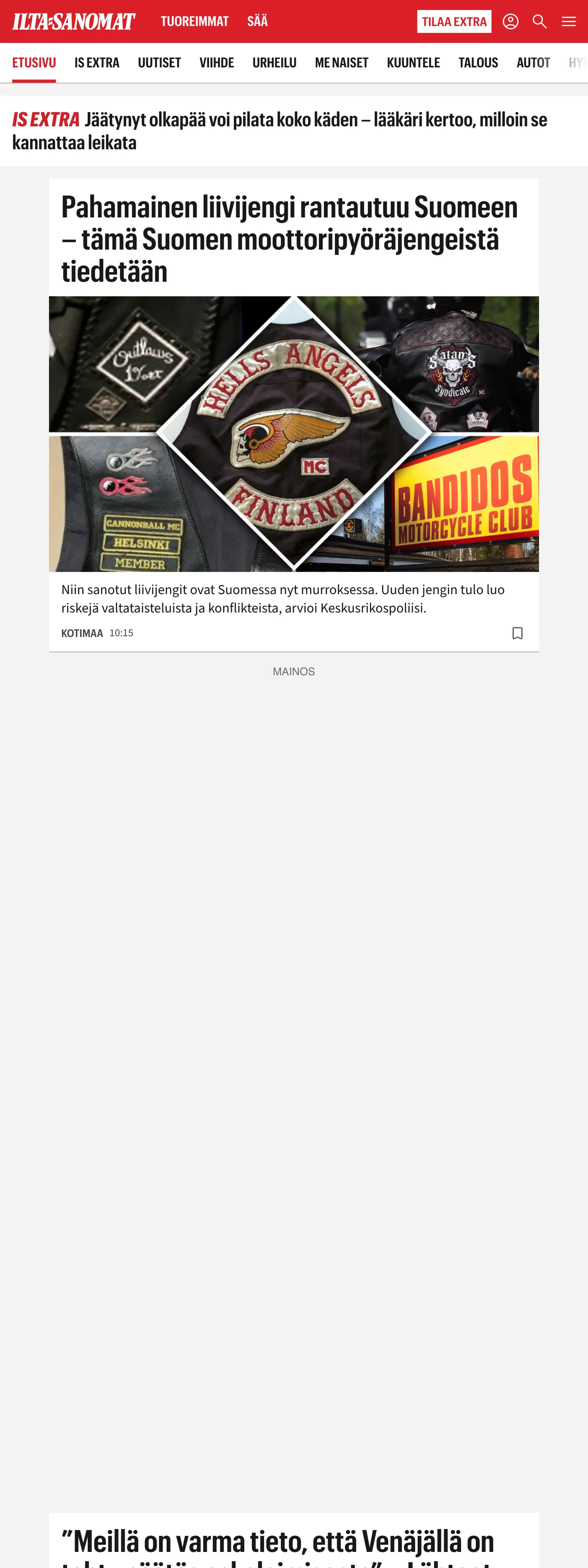 Screenshot of the Ilta-Sanomat front page