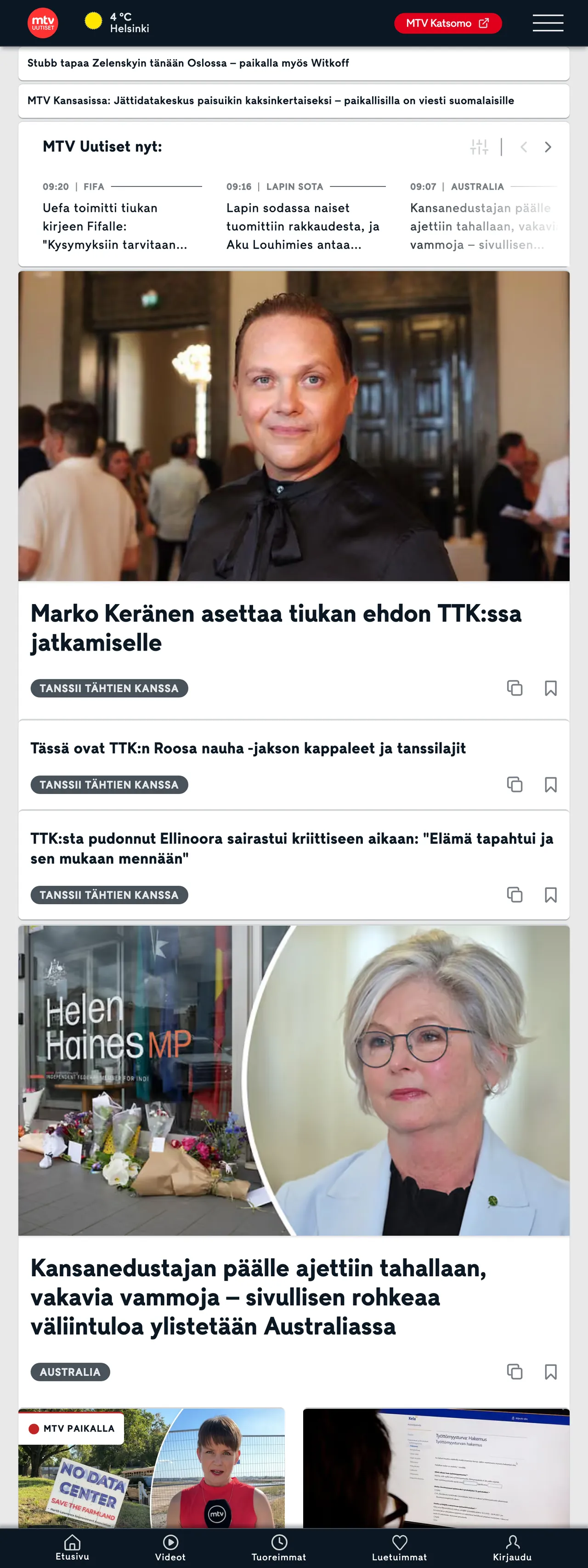 Screenshot of the MTV Uutiset front page