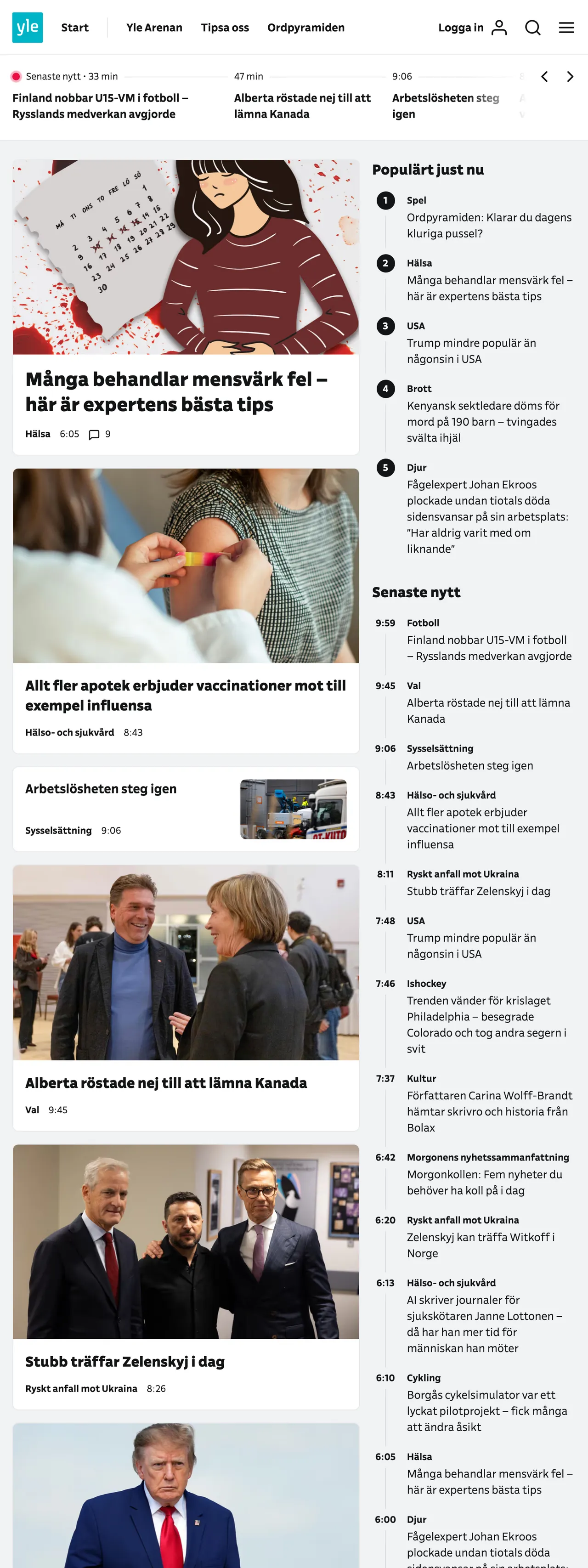 Screenshot of the Svenska Yle front page