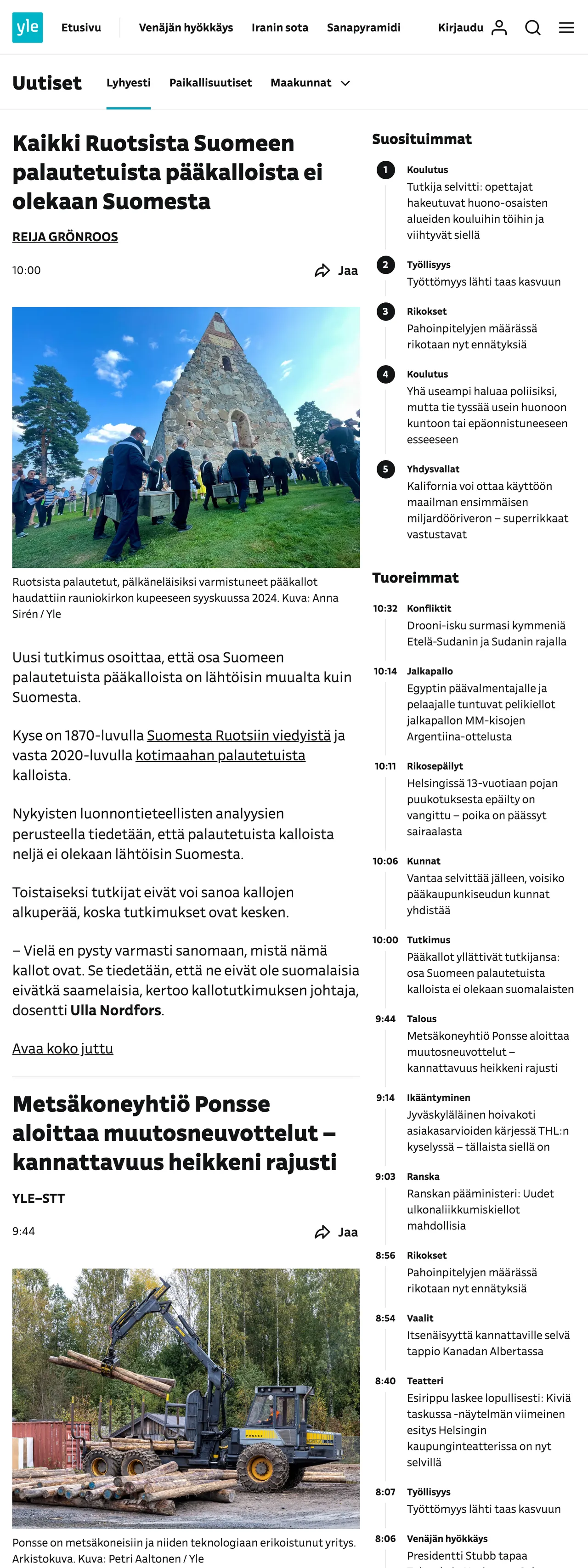 Screenshot of the Yle front page