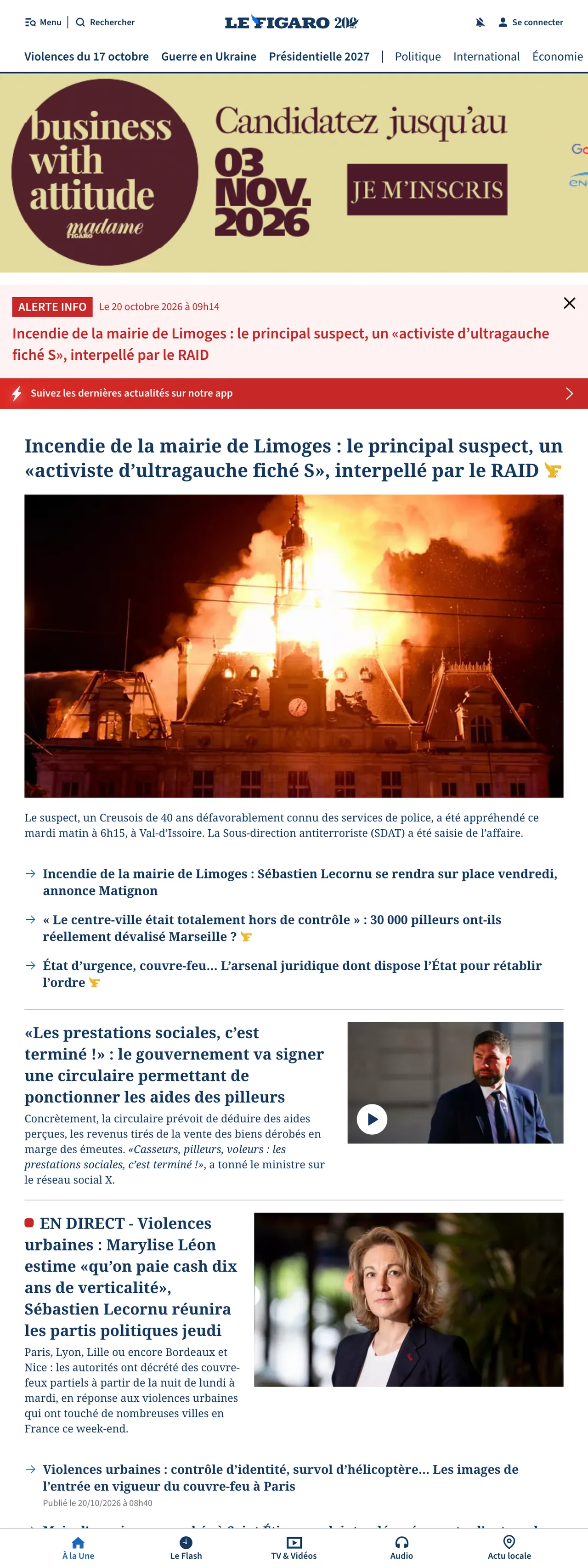 Screenshot of the Le Figaro front page