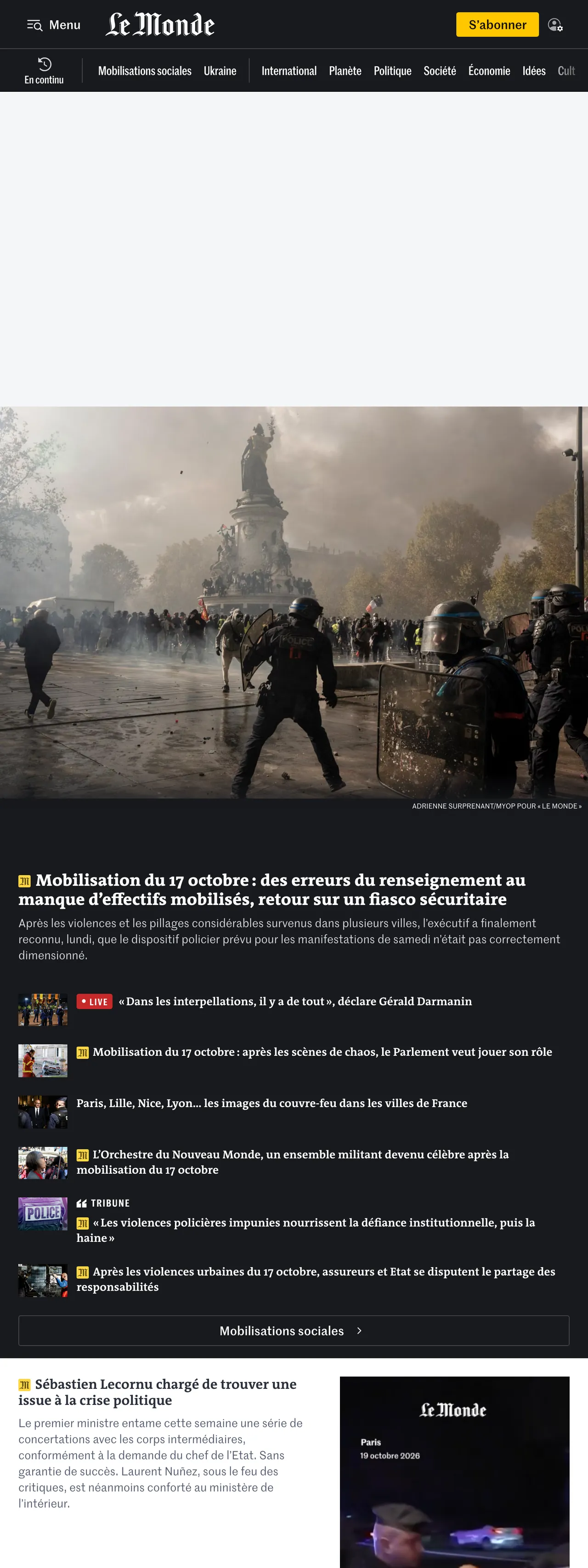 Screenshot of the Le Monde front page