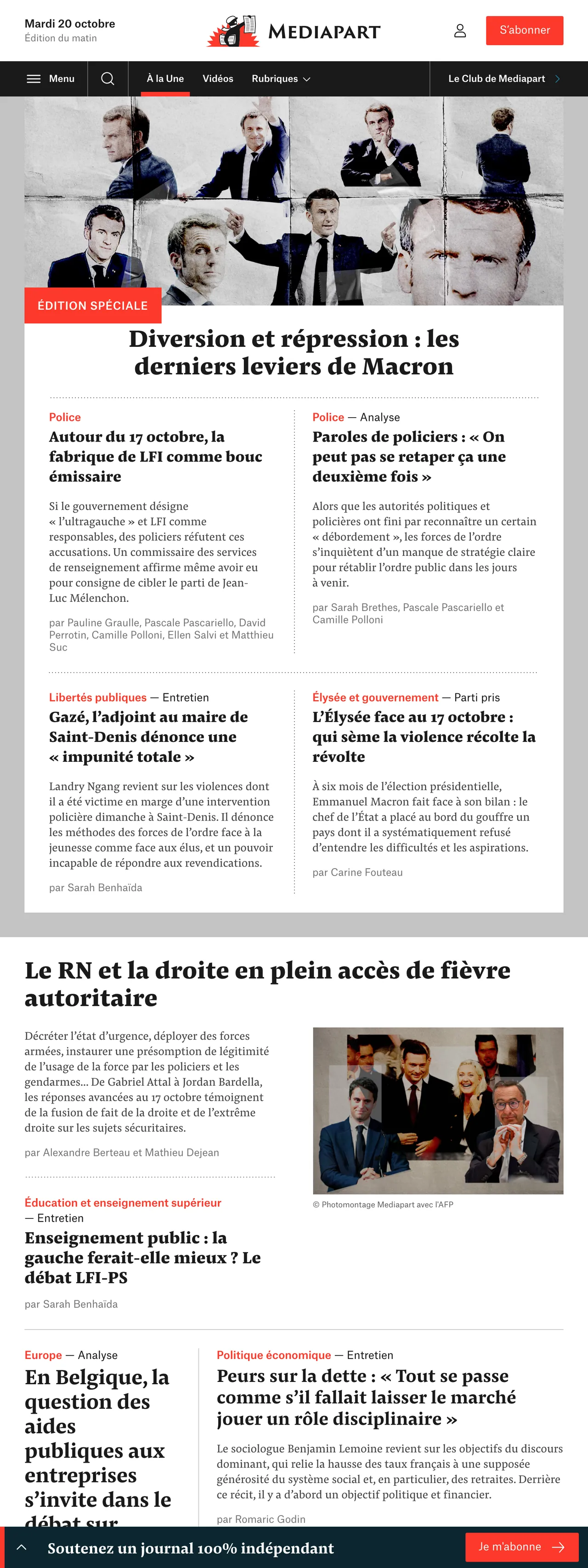 Screenshot of the Mediapart front page