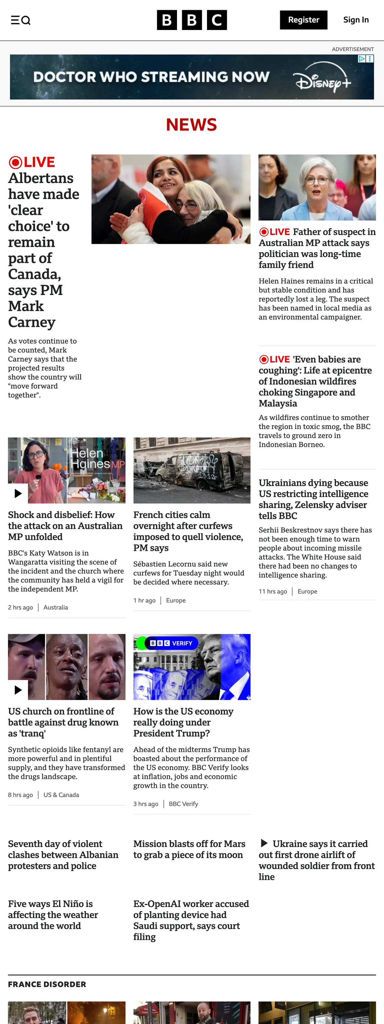 Screenshot of the BBC News front page