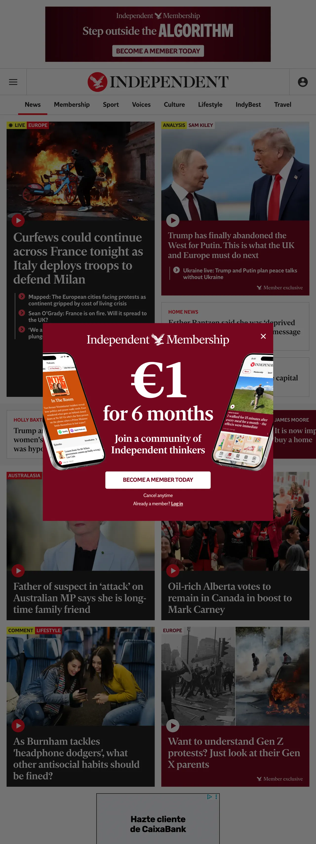 Screenshot of the The Independent front page