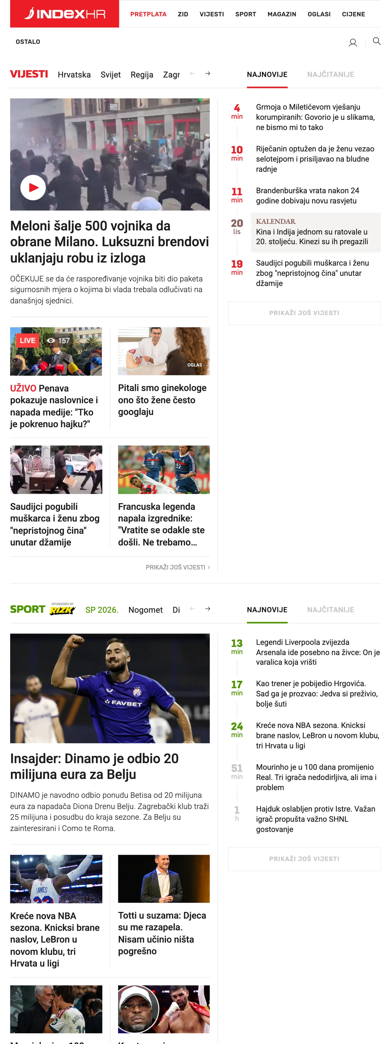 Screenshot of the Index.hr front page