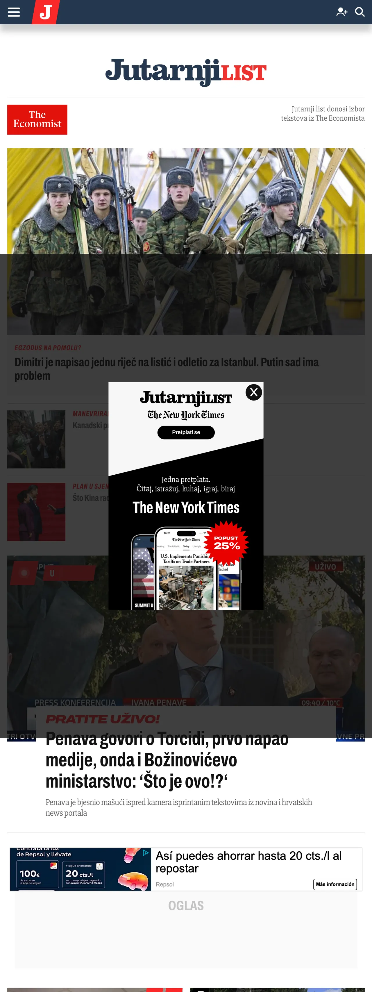 Screenshot of the Jutarnji list front page