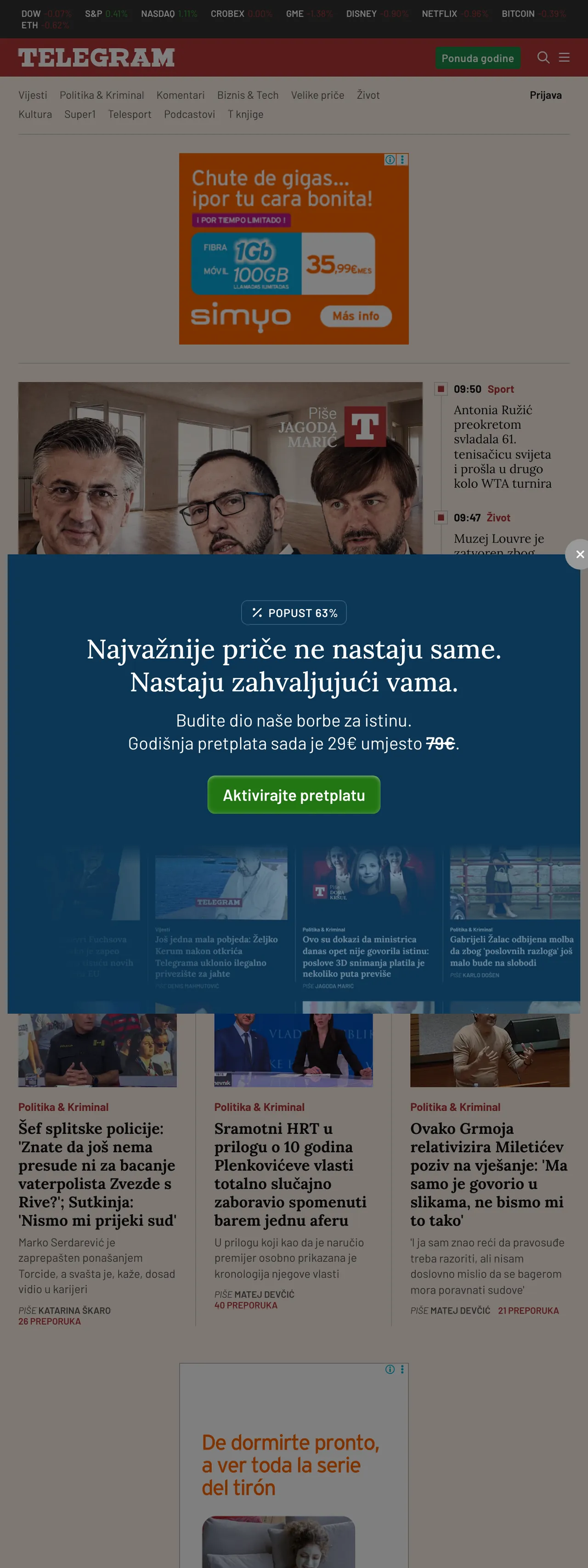 Screenshot of the Telegram.hr front page