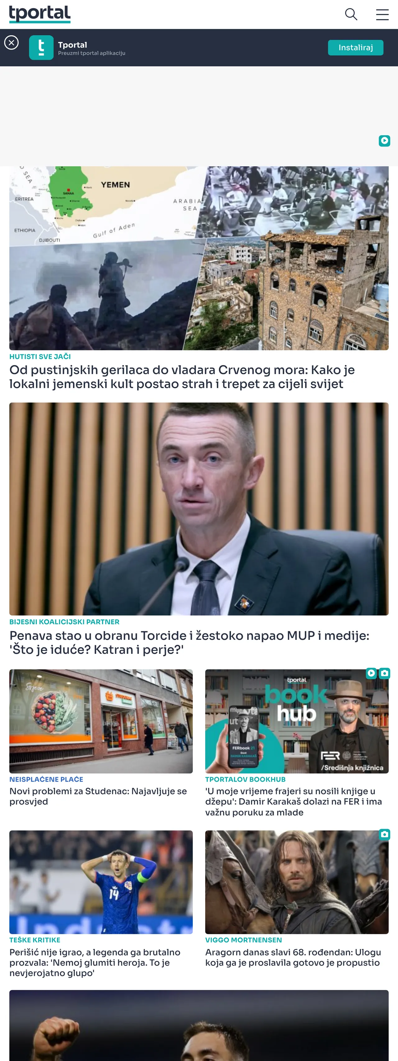 Screenshot of the tportal front page