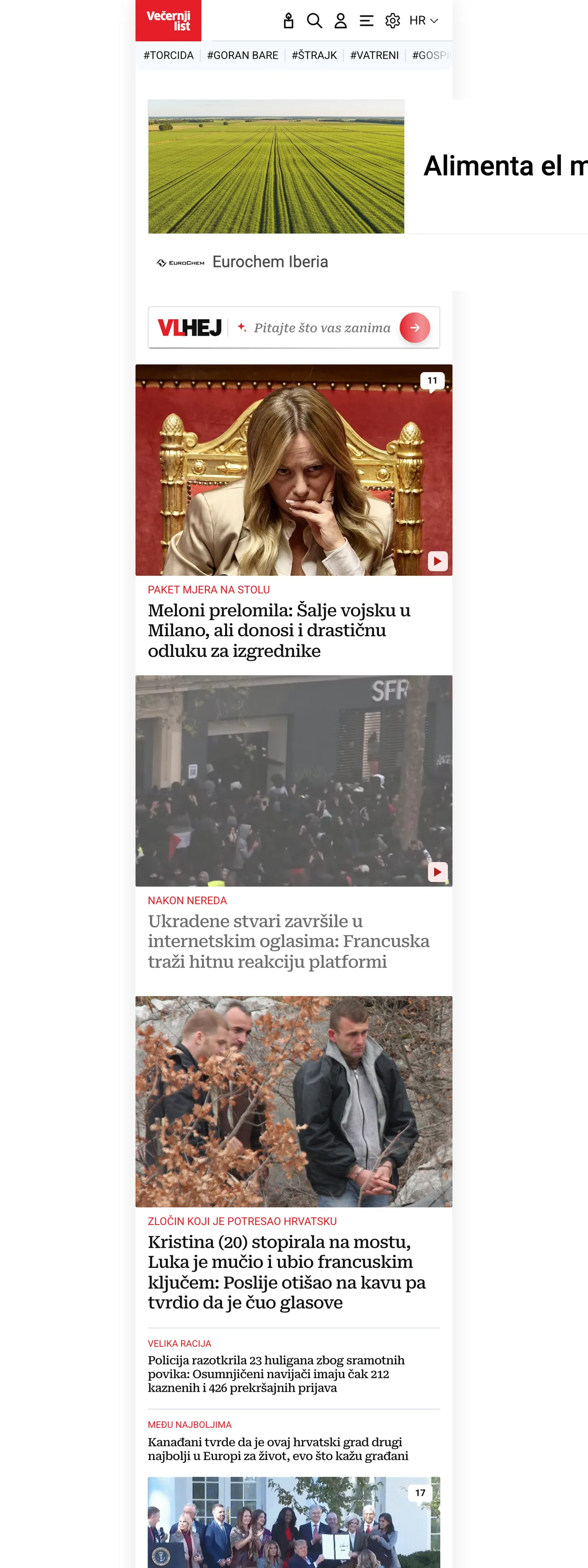 Screenshot of the Večernji list front page