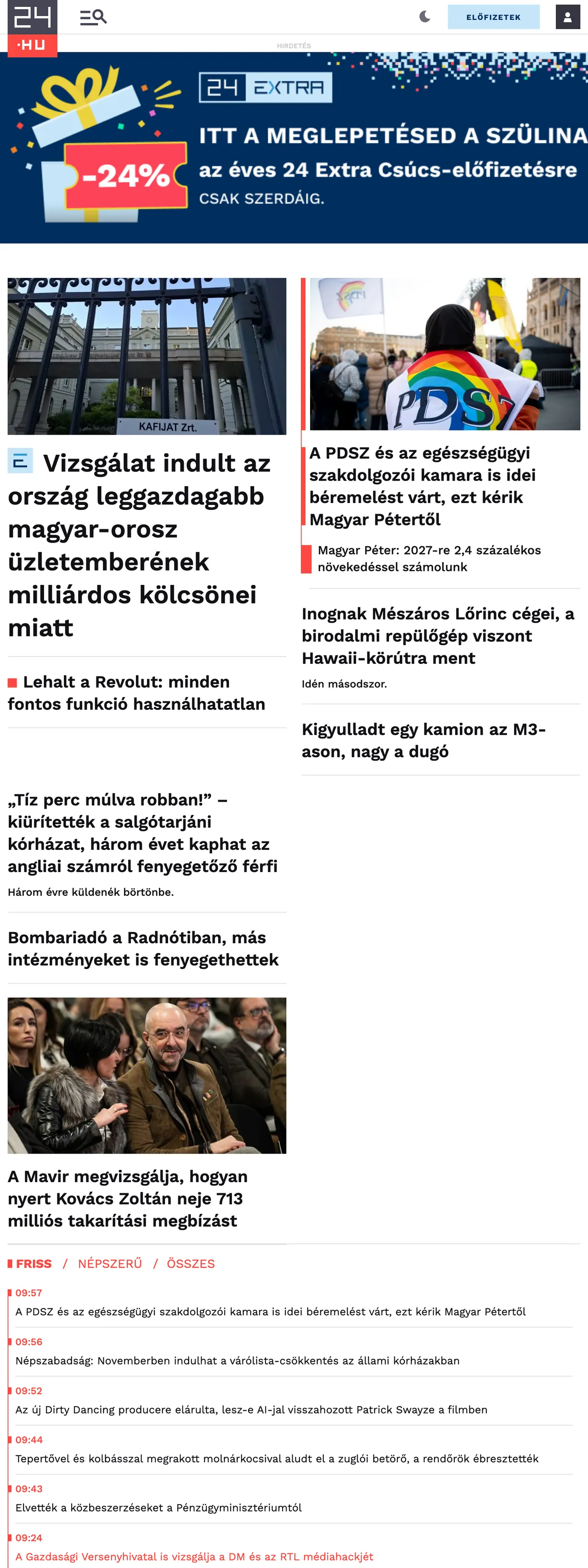 Screenshot of the 24.hu front page