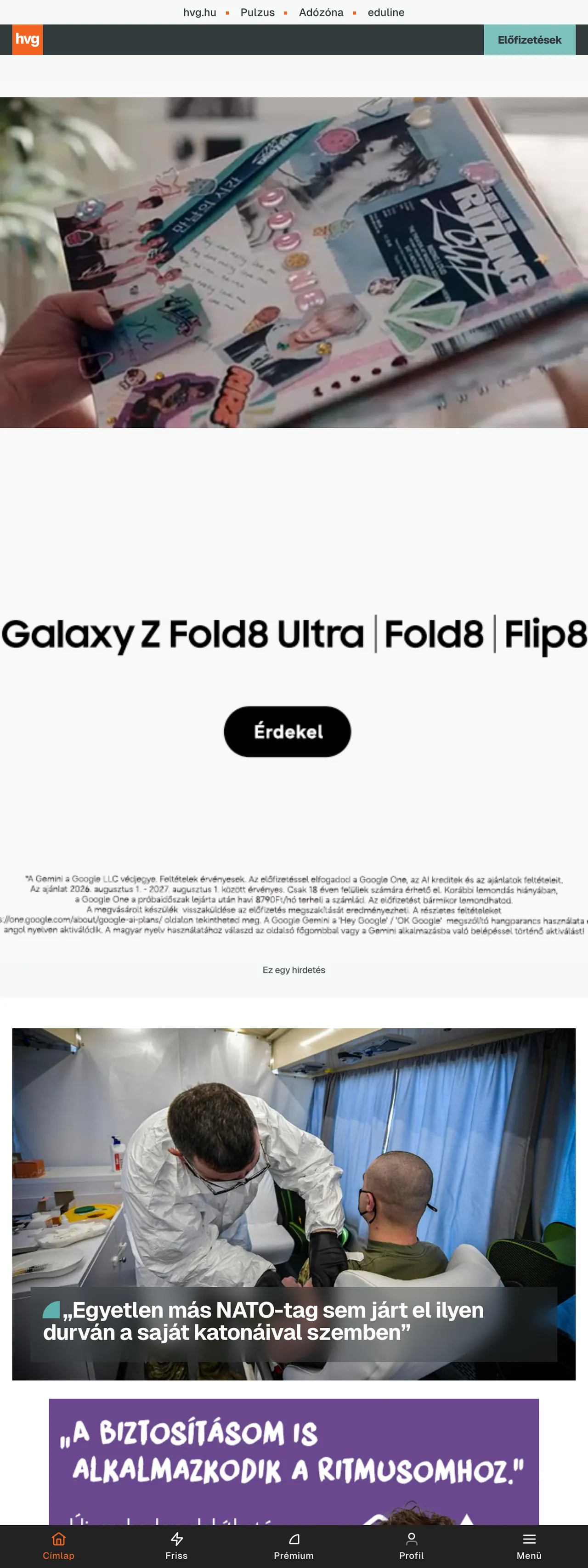 Screenshot of the HVG front page