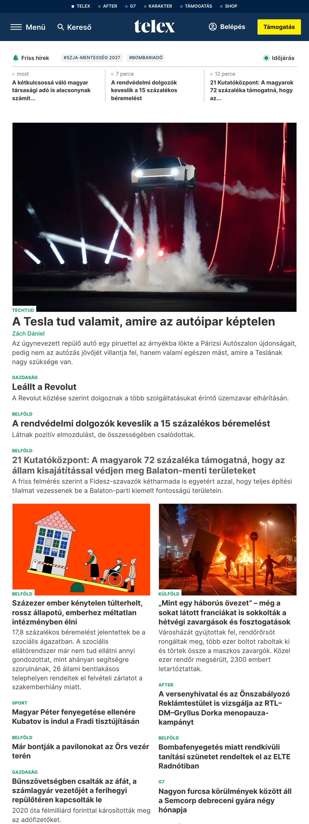 Screenshot of the Telex front page