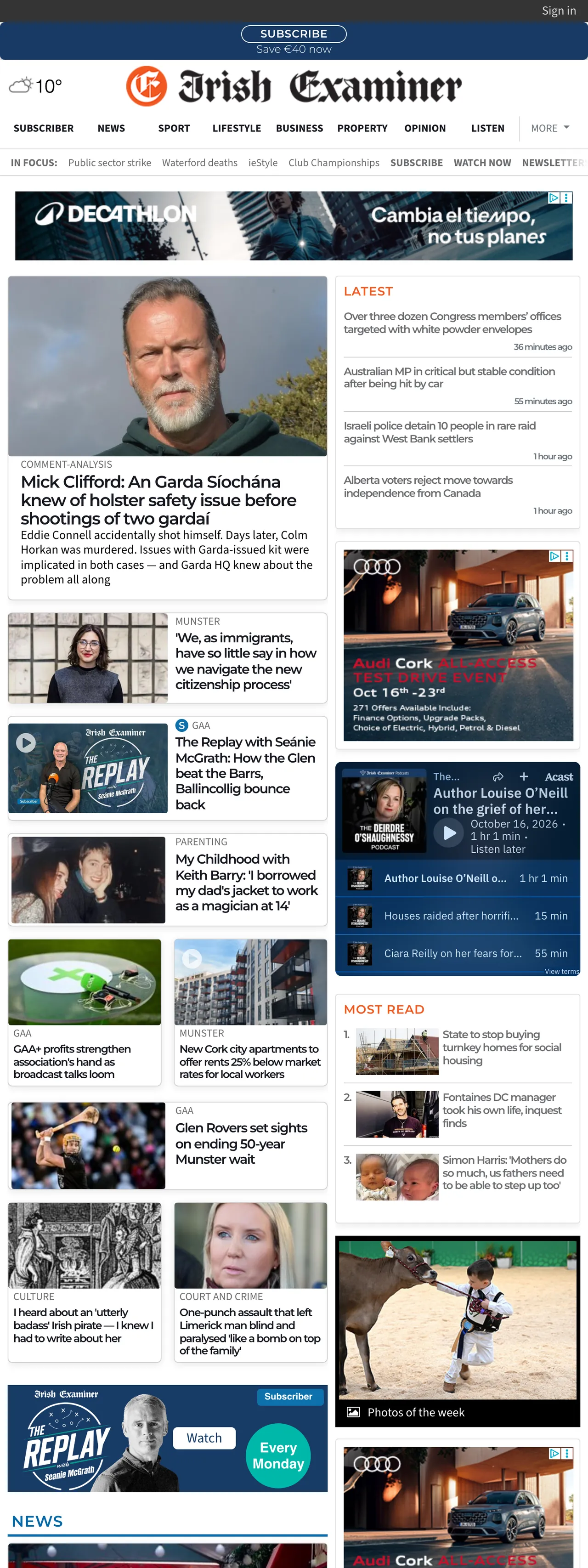 Screenshot of the Irish Examiner front page