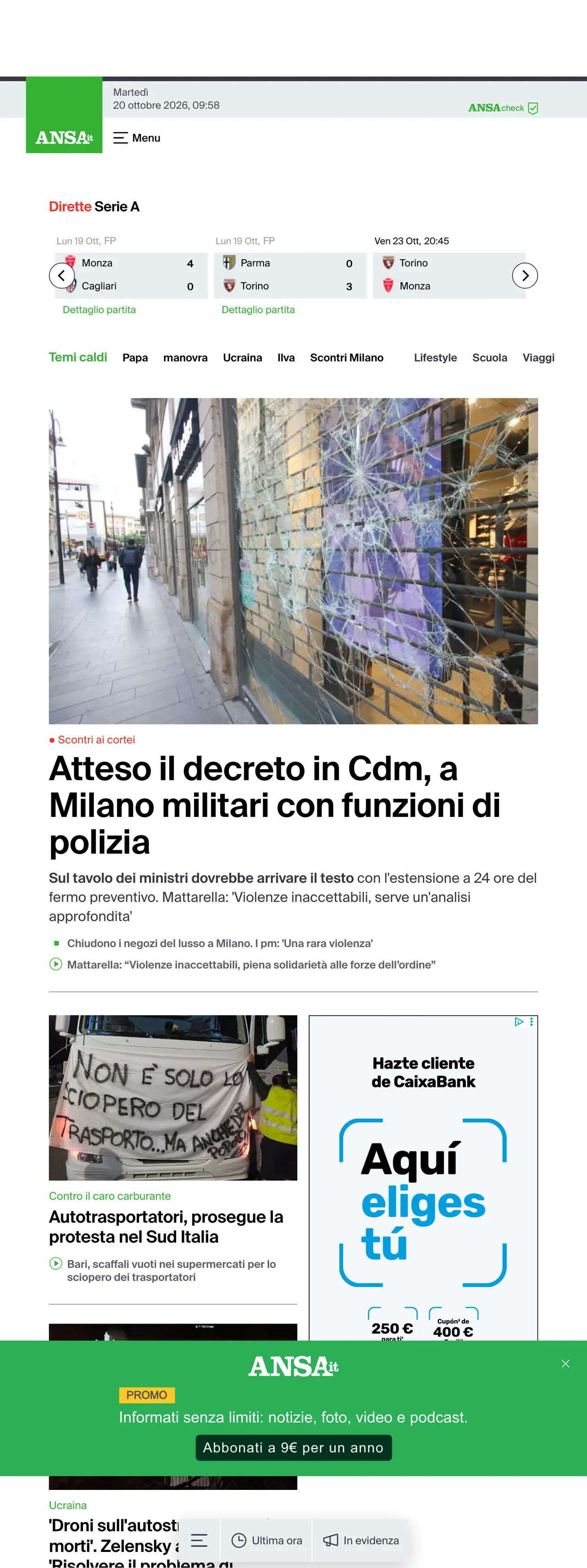 Screenshot of the ANSA front page